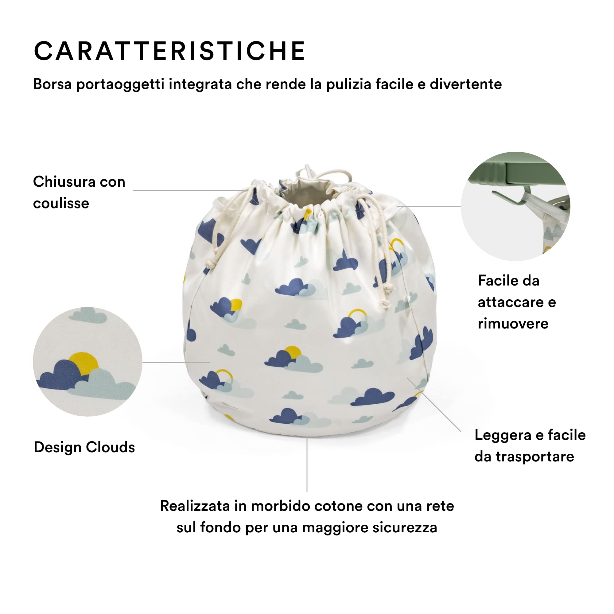 Stokke MuTable Borsa Portaoggetti, Clouds - Versione 2023 - Per giocattoli di piccole e medie dimensioni - Realizzata in morbido cotone + rete traspirante - Lavabile in lavatrice