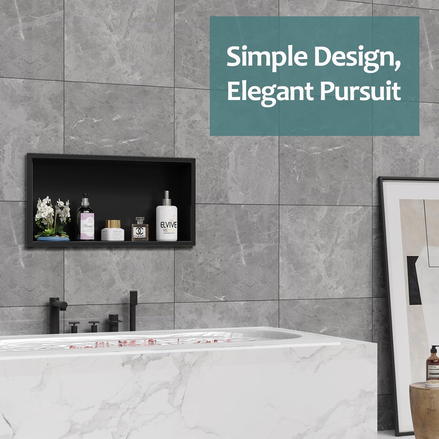 Shower Niche No Tile Needed, 12" X 24"(Outside Size 13.4"X25.4") Bathroom Niche for Shower Wall, Black Stainless Steel Wall Cabinet Insert for Bathroom, Recessed 2-Tier Shelf