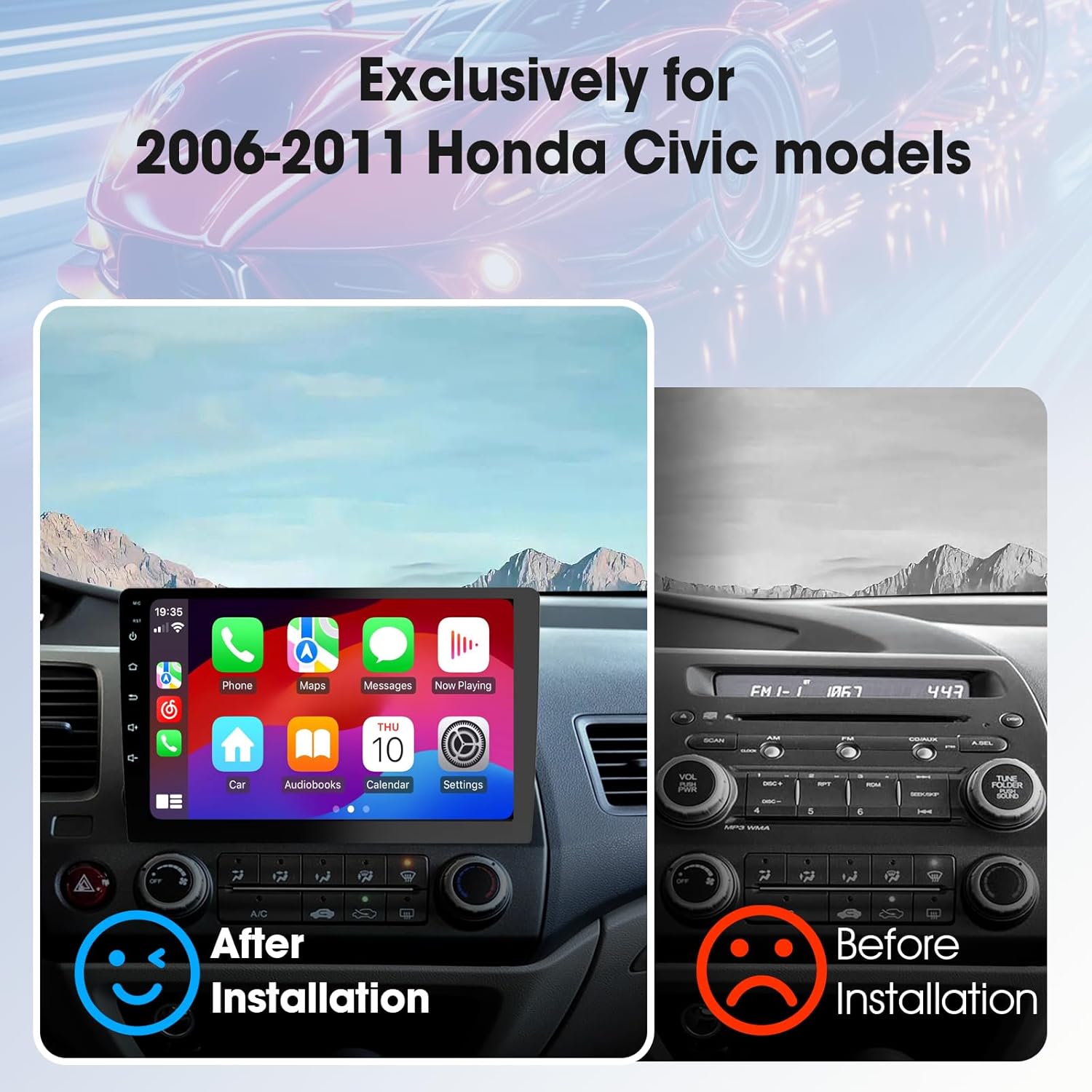 Before and after installation of the Haudio 10.1 inch car stereo in a Honda Civic dashboard