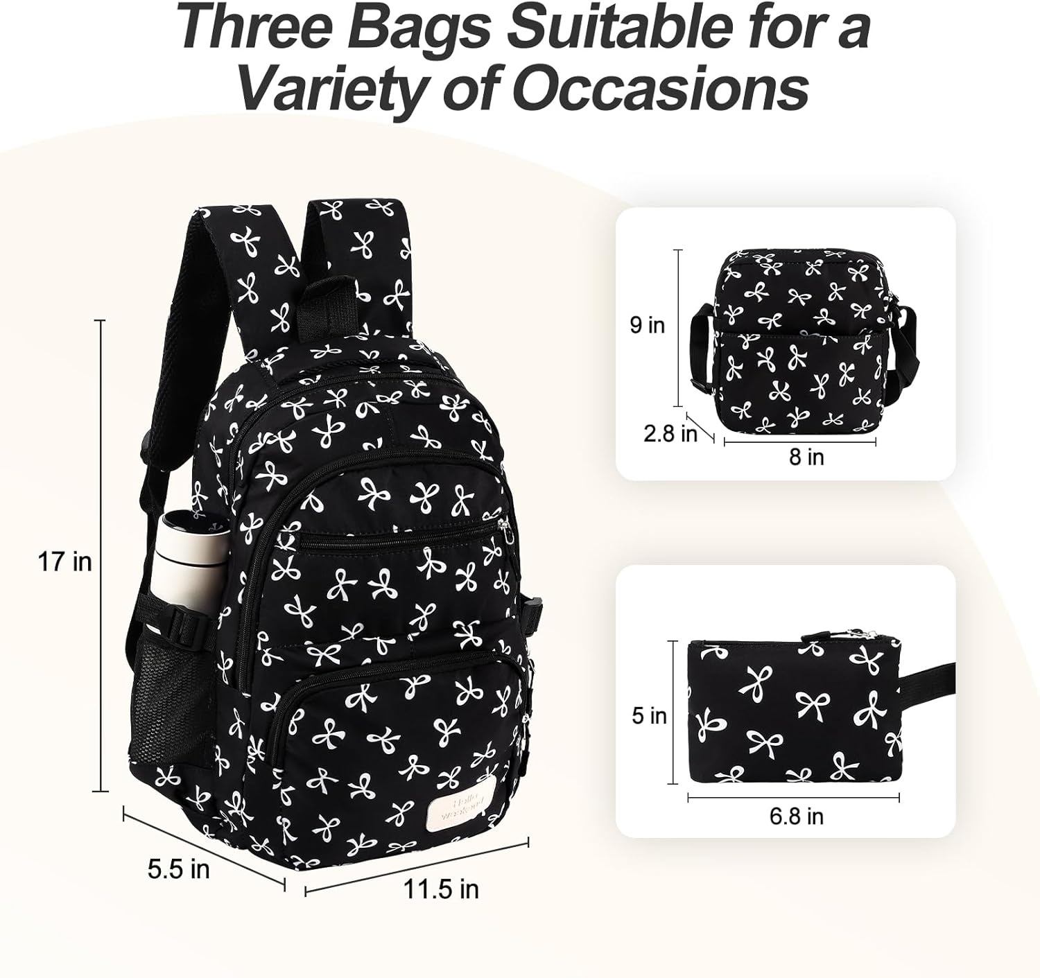 Bow Backpack, Coquette Backpack for Women, Blackbackpack Shoulder Bag 3PCS Set, Cute Large Capacity Versatile Rucksack - Image 2
