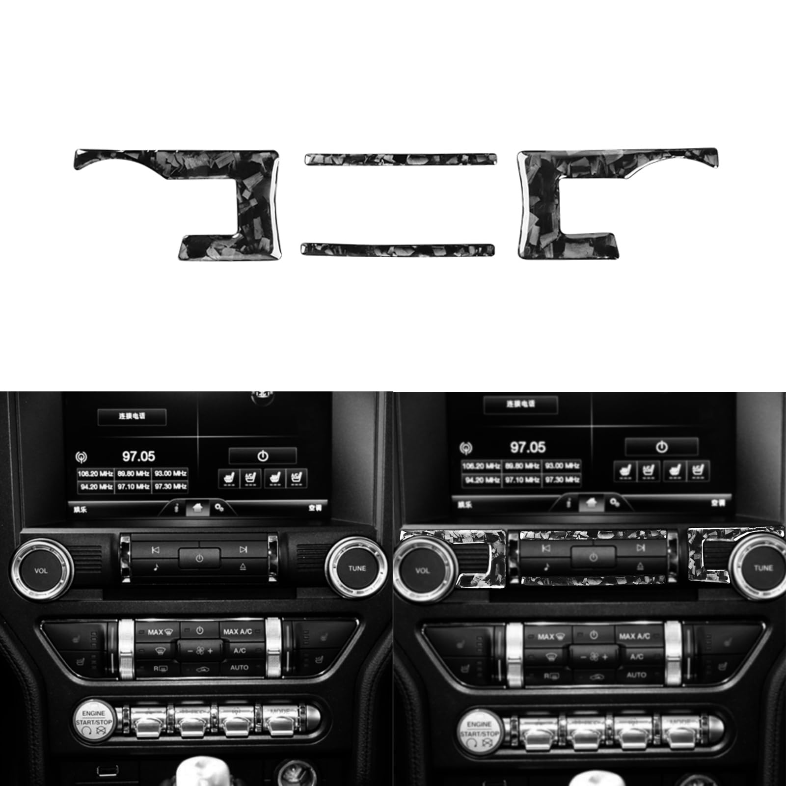 Car Dashboard Central CD Player Volume Control Panel Inner Strip Trim Sticker Glossy Black Forged Carbon Fiber Decoration Compatible with Ford Mustang 2015-2020 Auto Interior Accessories