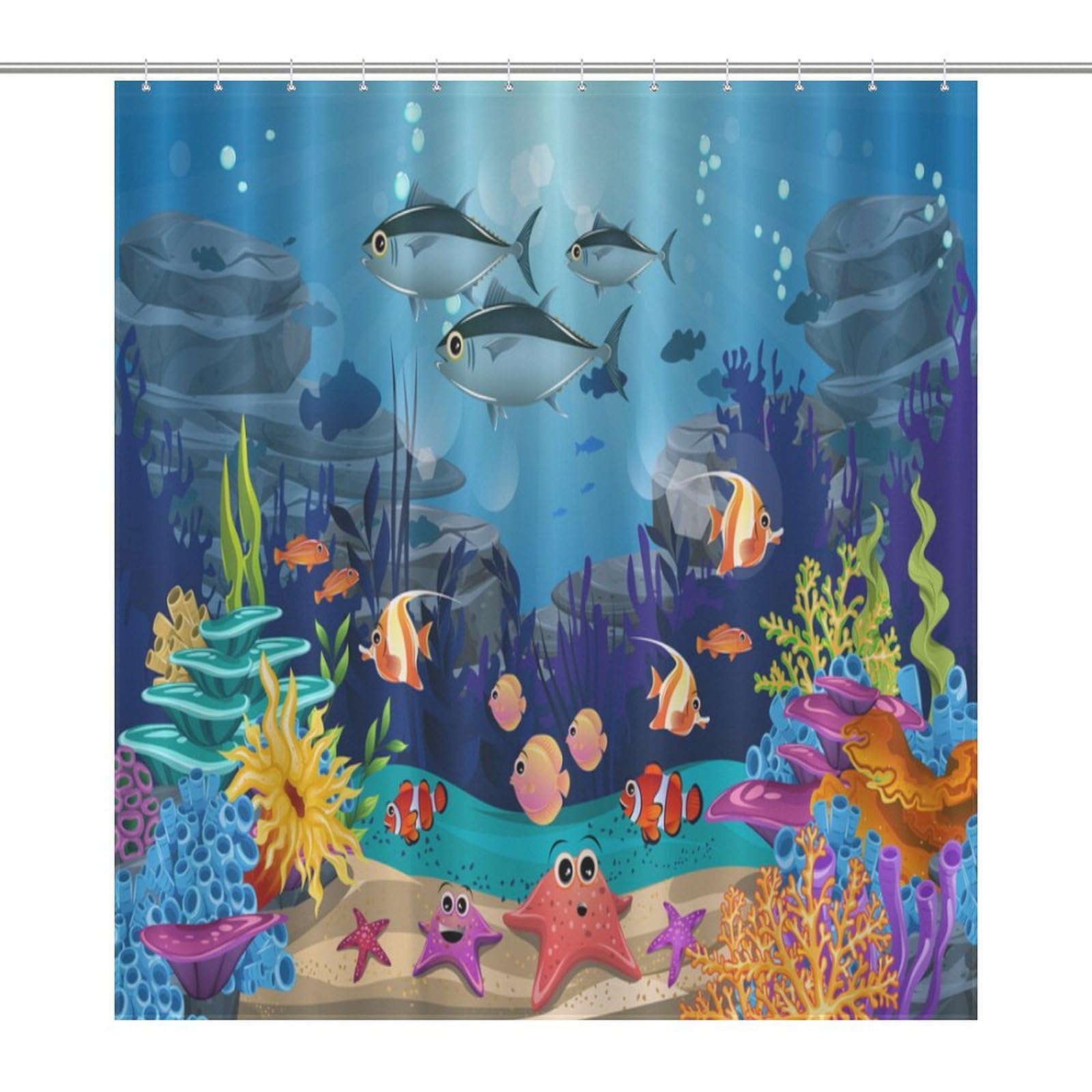 JADERYS Kids Shower Curtain Cartoon Underwater Ocean Nature Cute Sea Animals Starfish Coral Art Print Waterproof Bath Curtain for Bathroom Decor with 12 Hooks 66x72 Inch
