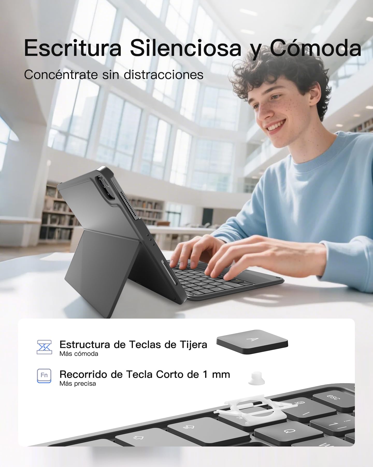 Inateck Funda con Teclado para iPad A16 2025, 10/11 Gen (10.9/11"), Air 11" M4/M3/M2, Air 6/5/4, Pro 11 (1-4Gen), QWERTY Español Ñ, Bluetooth Magnético Desmontable con Trackpad, Gris AceTouch