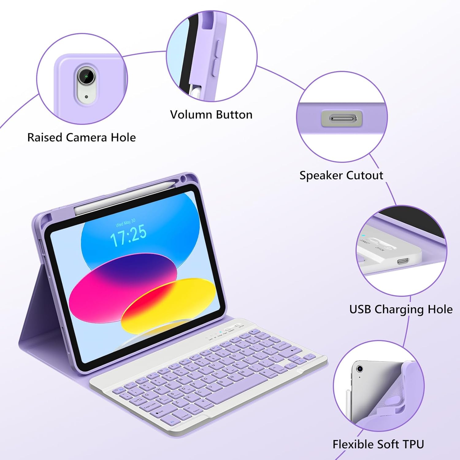 CC Store for iPad A16 11th 10th Generation Case with Keyboard - Detachable Folio Keyboard Cover with Pencil Holder for iPad 11-inch A16 2025 10th Gen 10.9 Inch 2022(Purple