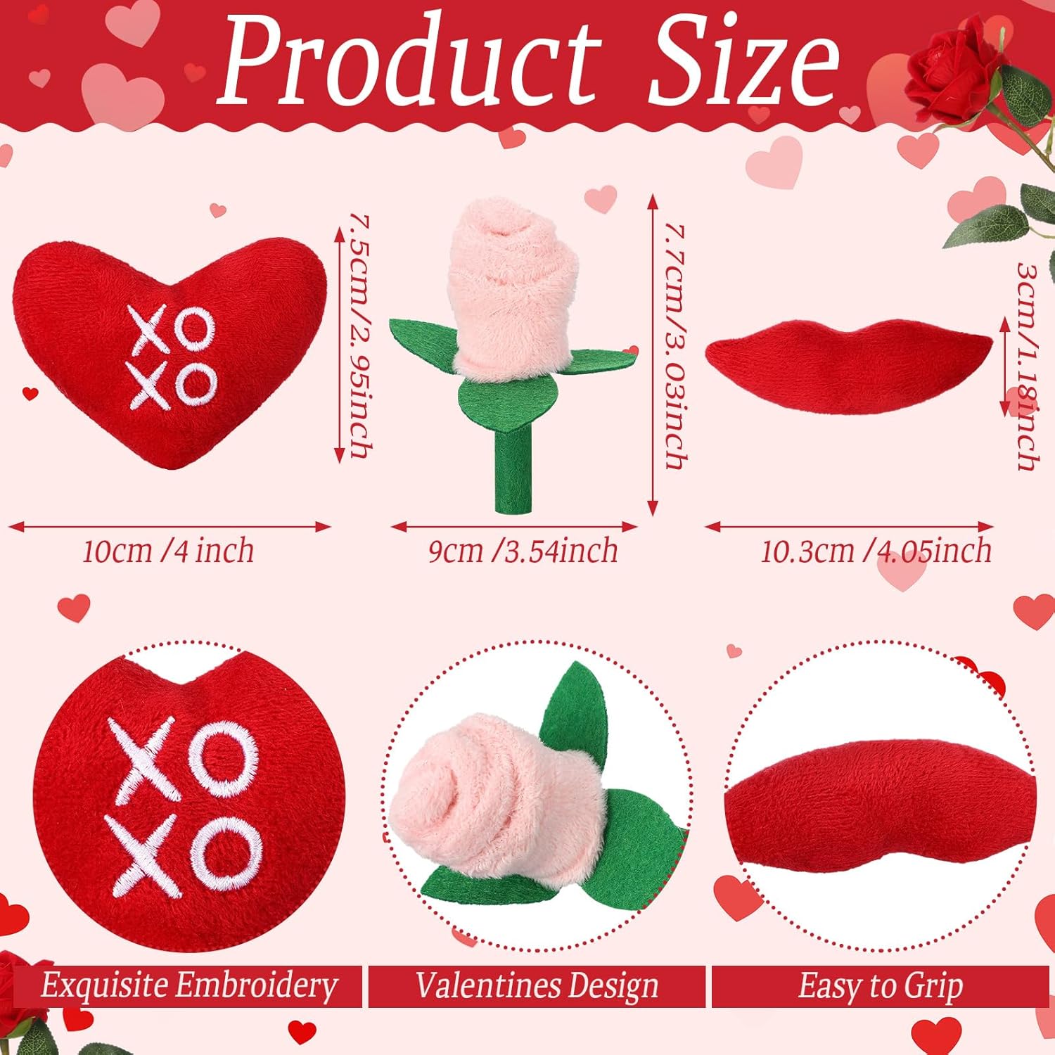 Jenaai 3 Pcs Valentine's Day Cat Toys Valentines Indoor Heart Rose Lips Shaped Cat Toys Plush Interactive Teething Chew Toy for Valentines Pet Gifts Cats Lovers Presents Kitty Toy