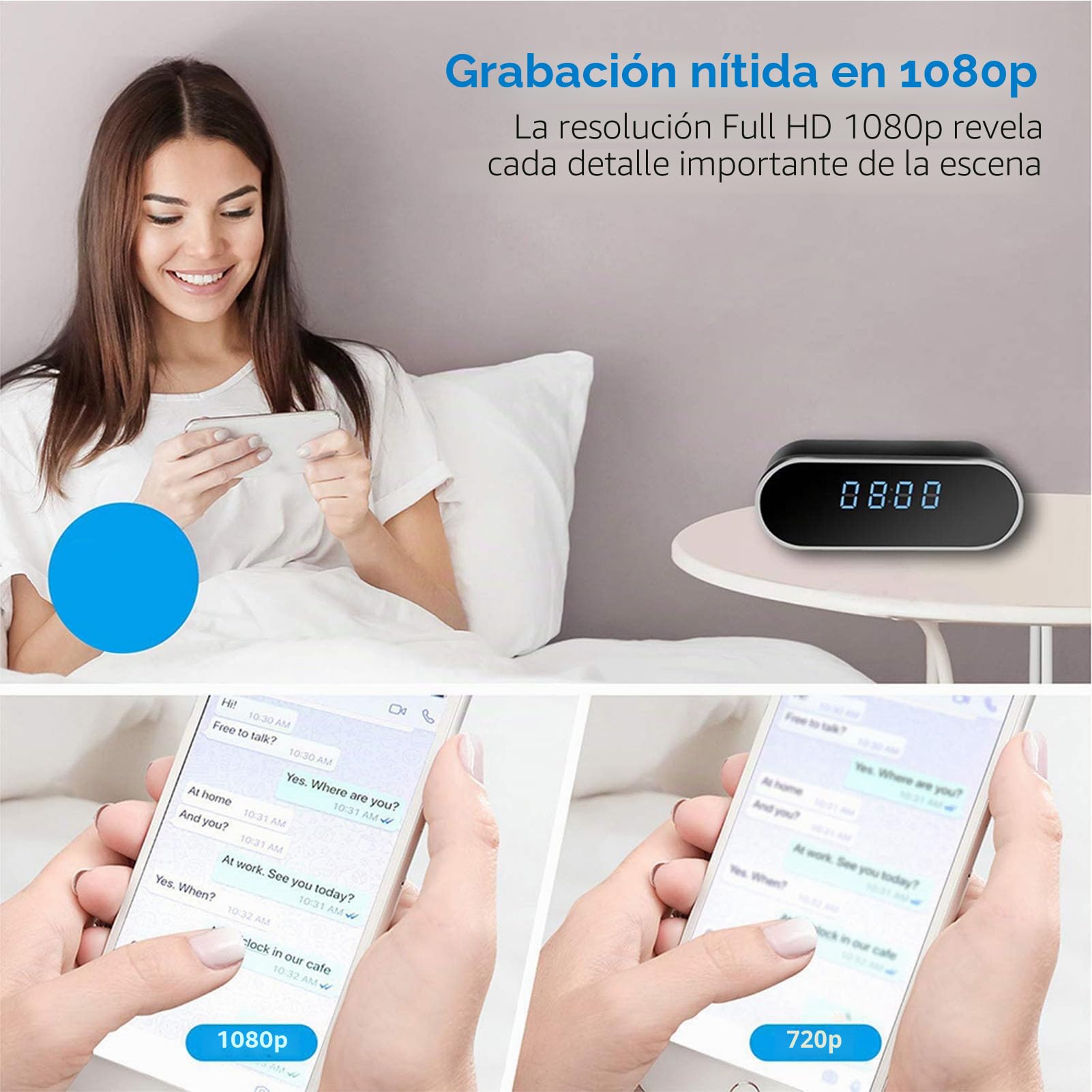 Lazmin112 Reloj con Cámara WiFi, Grabación de Vídeo 4K con Enfoque Automático y Detección de Movimiento, Lente Gran Angular de 130 Grados, Visión Nocturna de hasta 8 M, Batería Integrada