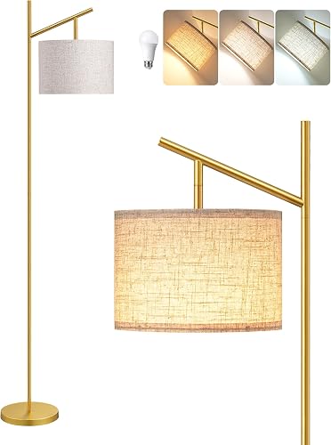EDISHINE 64.7'' Modern Minimalist Floor Lamps for Living Room with 3 Color Temperatures Bulb & Adjustable Linen Shade, Foot Pedal Switch, Tall Standing Lamp for Bedroom Office, Gold