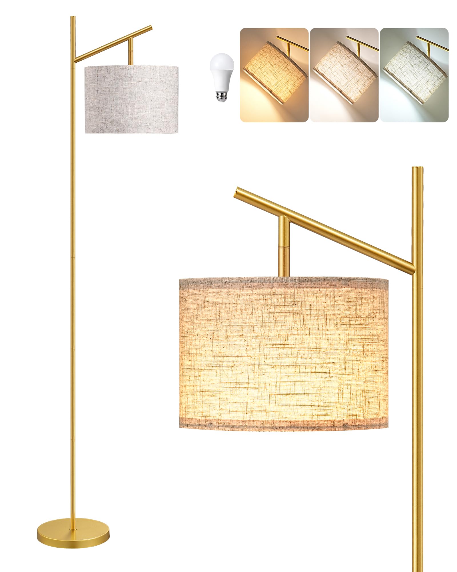 Photo 1 of EDISHINE 64.7" Modern Minimalist Floor Lamps for Living Room with 3 Color Temperatures Bulb & Adjustable Linen Shade, Foot Pedal Switch, Tall Standing Lamp for Bedroom Office, Gold