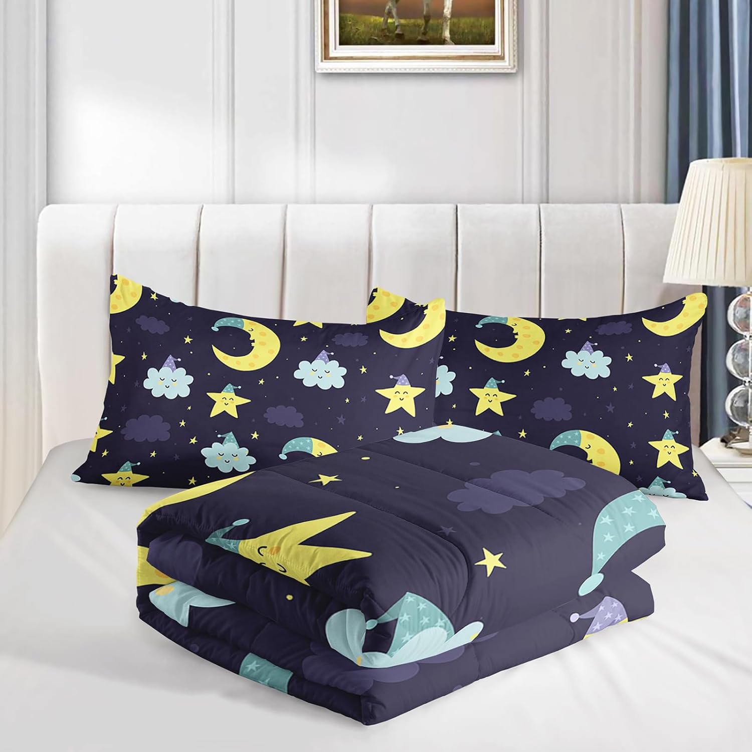 Axolotl Star Night Comforter Set Queen Size,Cartoon Moon Kids Bedding Set,Stars Comforter Set,Star and Moon Bedding Cloud,Starry Night Bedding Set for Kids Girls Boys Teens,1 Quilt 2 Pillowcases