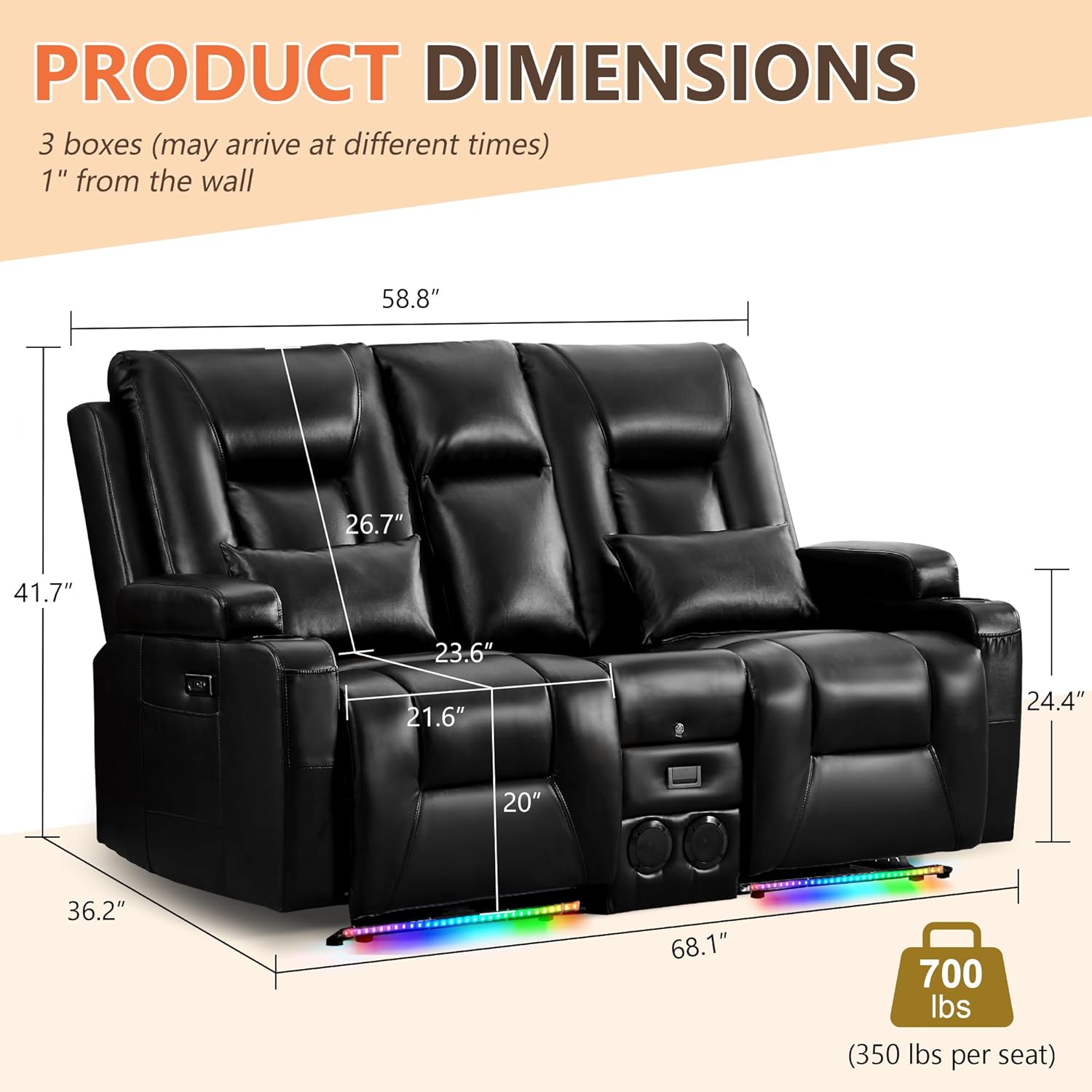 Houjud Power Reclining Loveseat Recliner Sofa with Console, Wall-Hugger RV Couch with USB Ports, Cup Holders, Bluetooth Speakers & Ambient Lighting for Home Theater or Camper, Faux Leather, Black