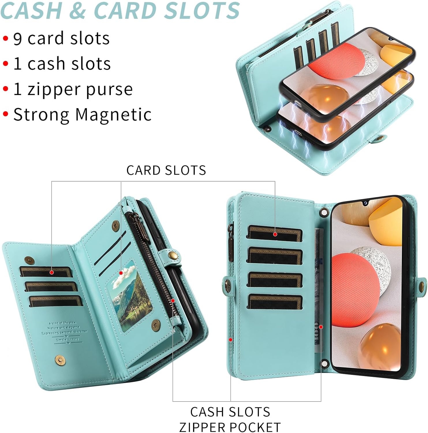Asuwish Phone Case for Samsung Galaxy A42 5G Zipper Wallet Detachable Cover with Tempered Glass Screen Protector Crossbody Lanyard Strap Flip Card Holder Slot M42 A 42 G5 42A S42 4G 2021 Green