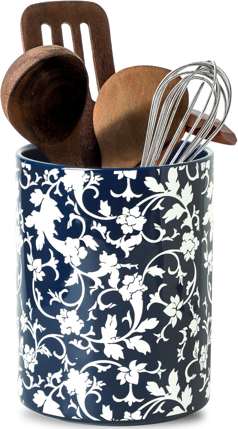 Kitchen Utensil Holder, Large Utensil Holders for Countertop, Blue and White utensil Crock for Tools, Ceramic Spatula Holder Kitchen Decor, Apartment Essentials（7.2in×6.2in）