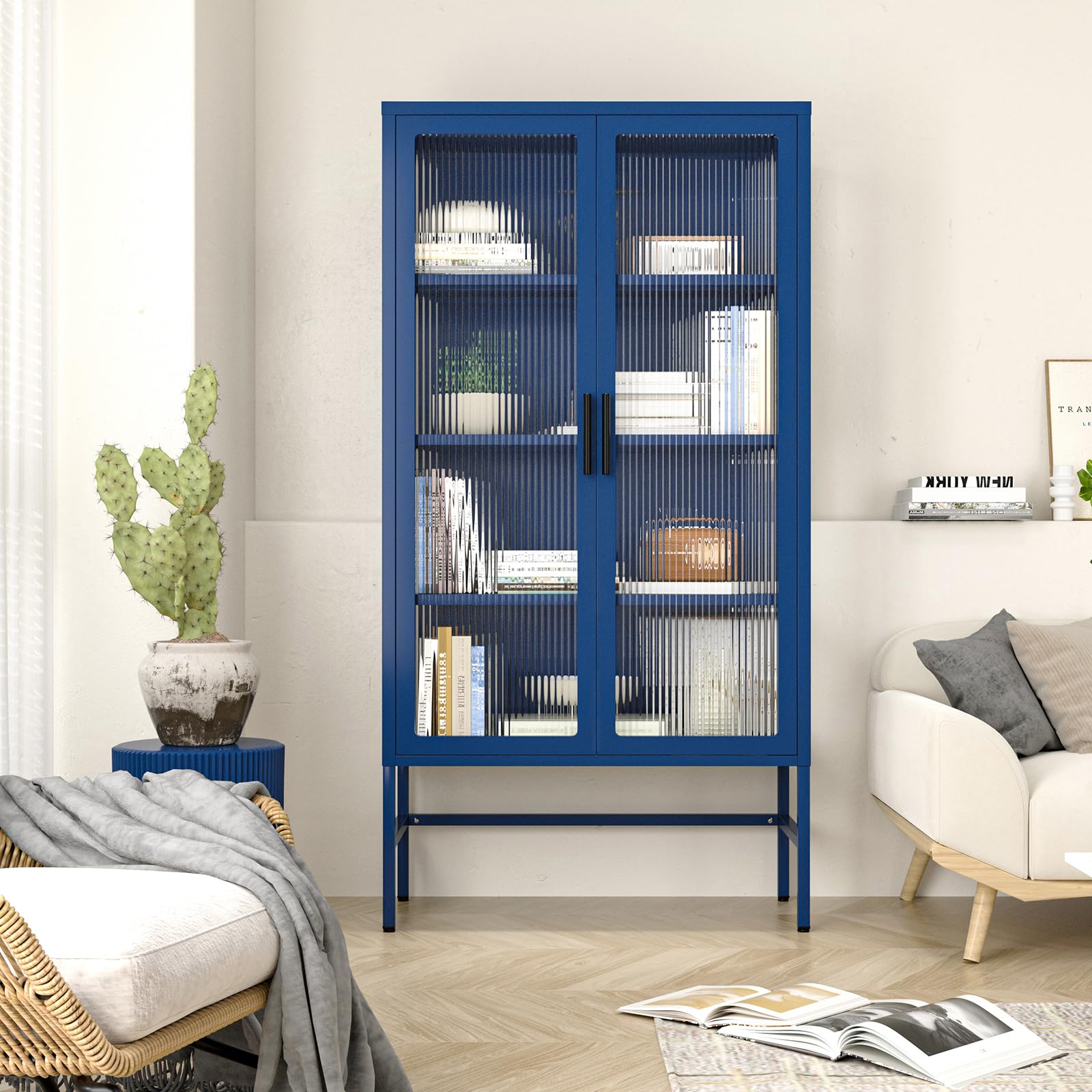 Metal Storage Cabinet with Fluted Glass Doors Tall Curio Display Cabinet with Adjustable Shelves Modern 4-Tier Bookcase Sideboard for Office Living Room Entryway, Blue