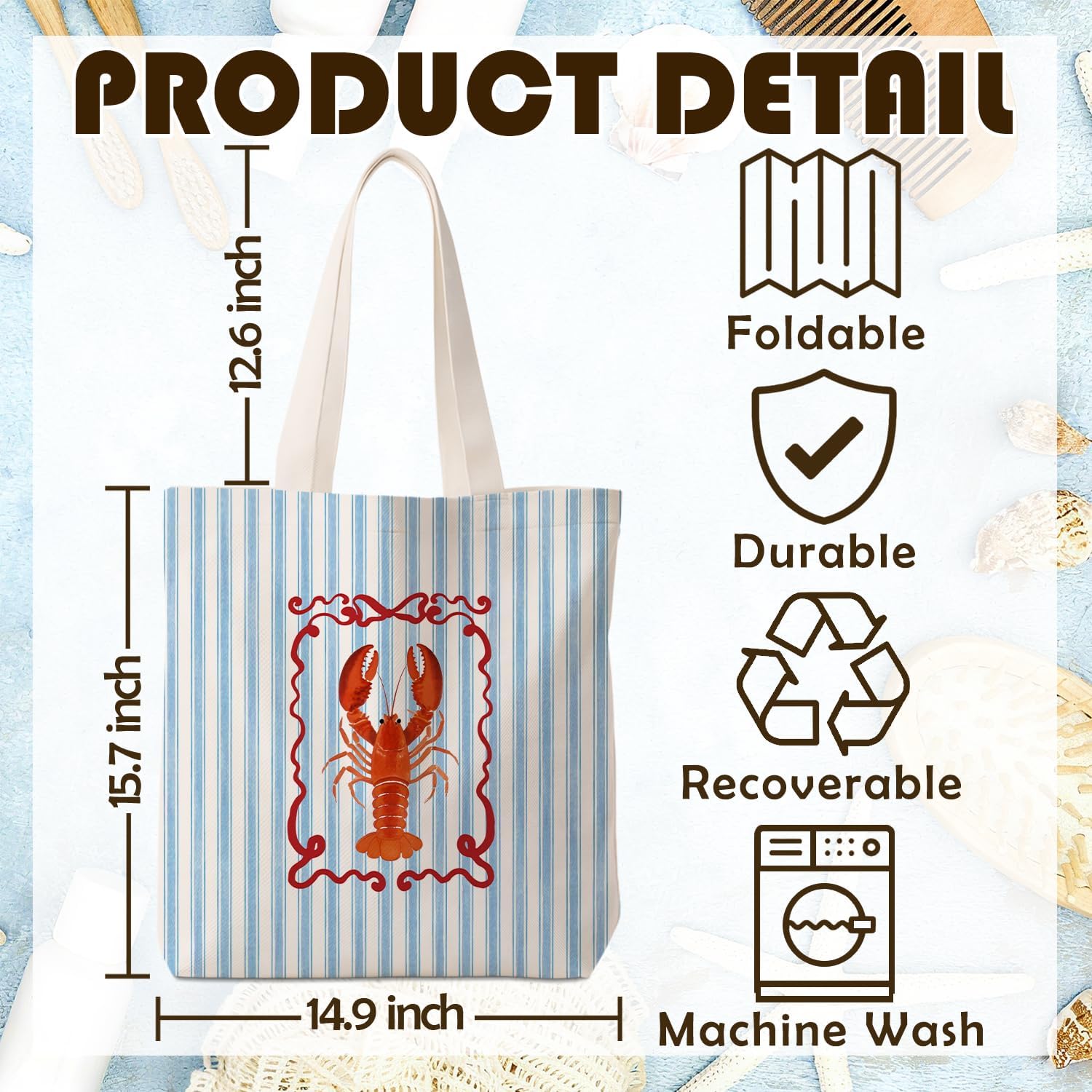 Coastal Beach Red Lobster Tote Bag for Women,Lobster Lover Gifts,Crawfish Nautical Canvas Tote Bag for Girls,Blue Striped Aesthetic Reusable Shopping Grocery Bags Party Favors - Image 7