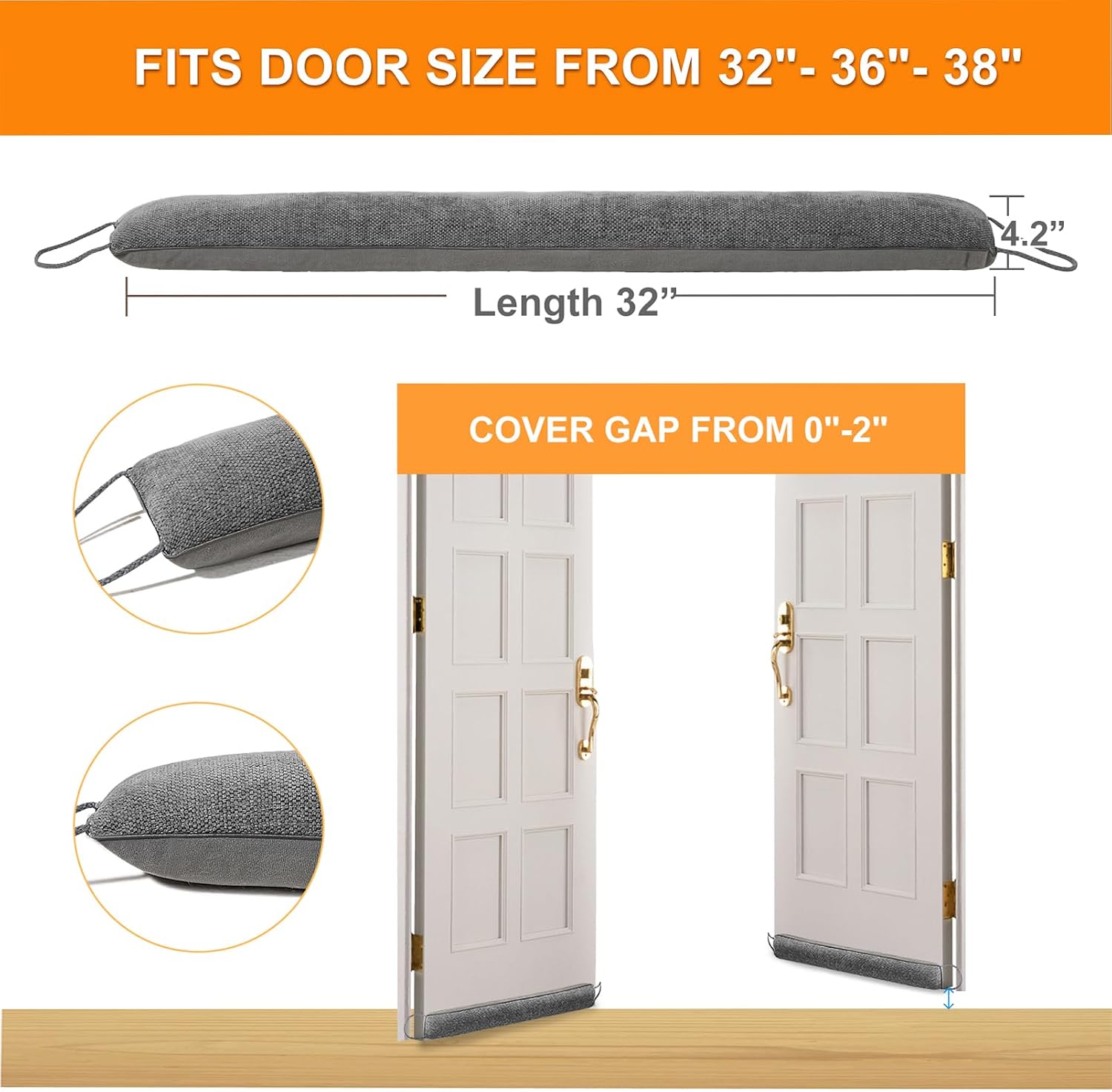 Weighted Door Draft Stopper, Grey, 32inch | Under Door Noise Blocker, Front Door Insulation, Weatherproof Strip, Energy Efficient