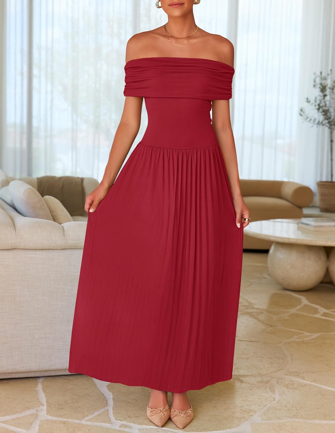 ZESICA Women's Off The Shoulder Maxi Dress 2026 Summer Sleeveless Casual Slim Swing Pleated Formal Party Dresses - Image 8