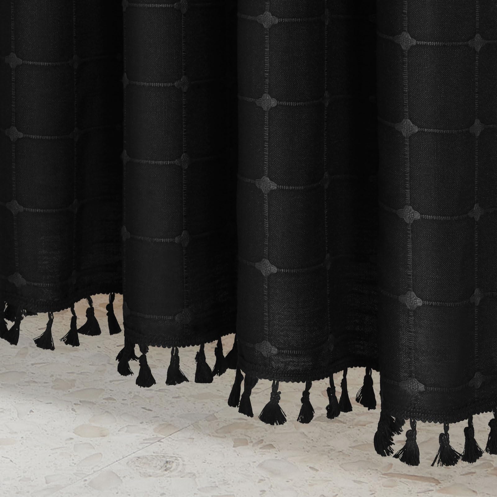 MitoVilla Tenda Doccia In Tessuto Bohémien Con Nappe - 182x198 Cm, Misto Lino, Nero, Stile Rustico Country