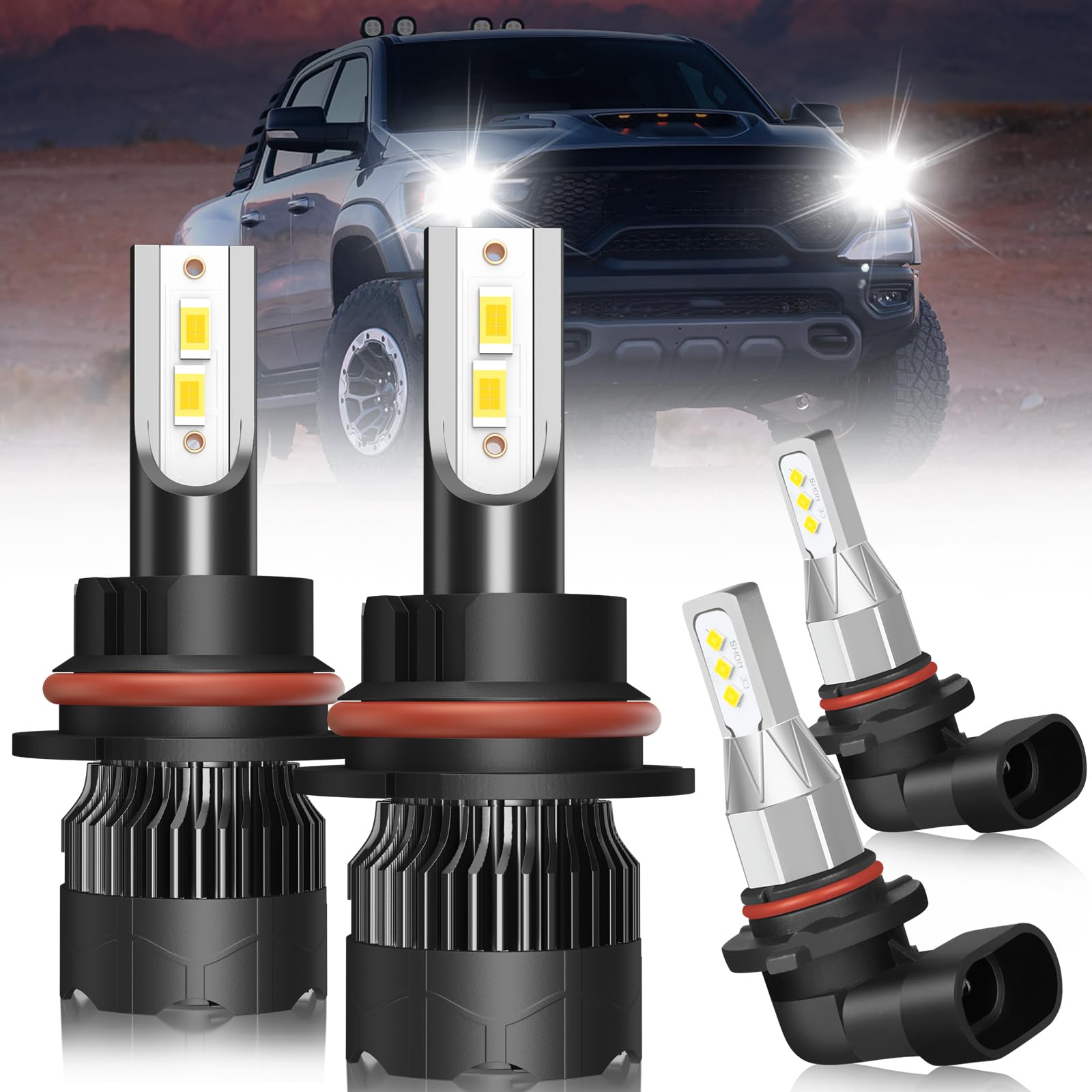 NSDXCT 9007 Led Headlight Bulbs For Dodge Ram 1500 2500 3500 (2002-2005), 2 PCS 9007 High/Low Beam+2 PCS 9145 Fog Light Bulbs 500% Brightness 6000K Cool White Plug and Play