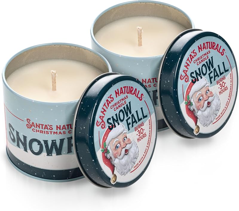 Velas navideñas Santa's Naturals Snow Fall, 9 oz (paquete de 2) | Velas de mezcla de soja y cera de abejas con un fresco aroma invernal de eucalipto, menta, pino y ciprés; hasta 30 horas de combustión cada uno