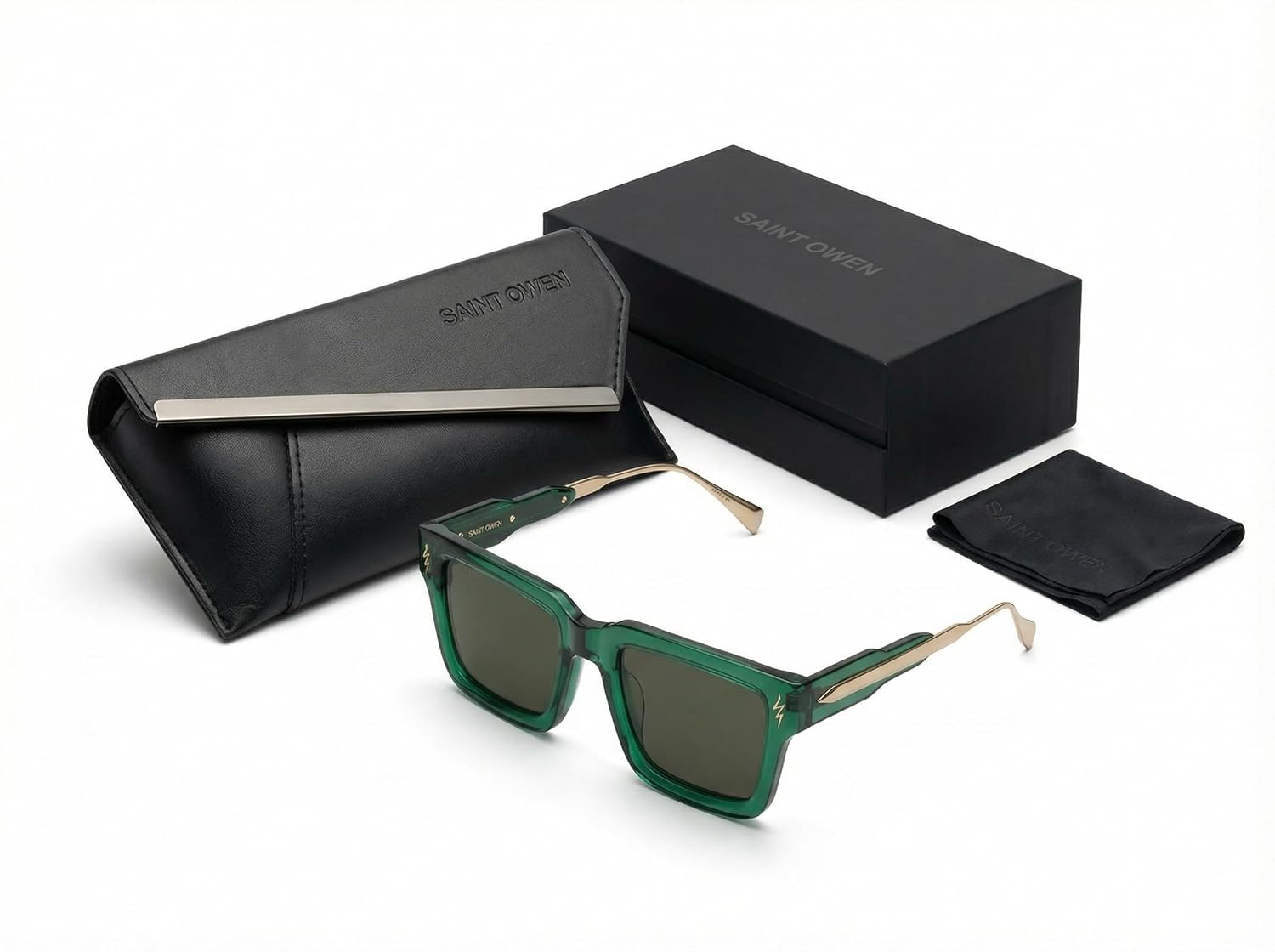 SAINT OWEN Óculos de sol Lucid – Armação retangular grande com acetato italiano, Esmeralda