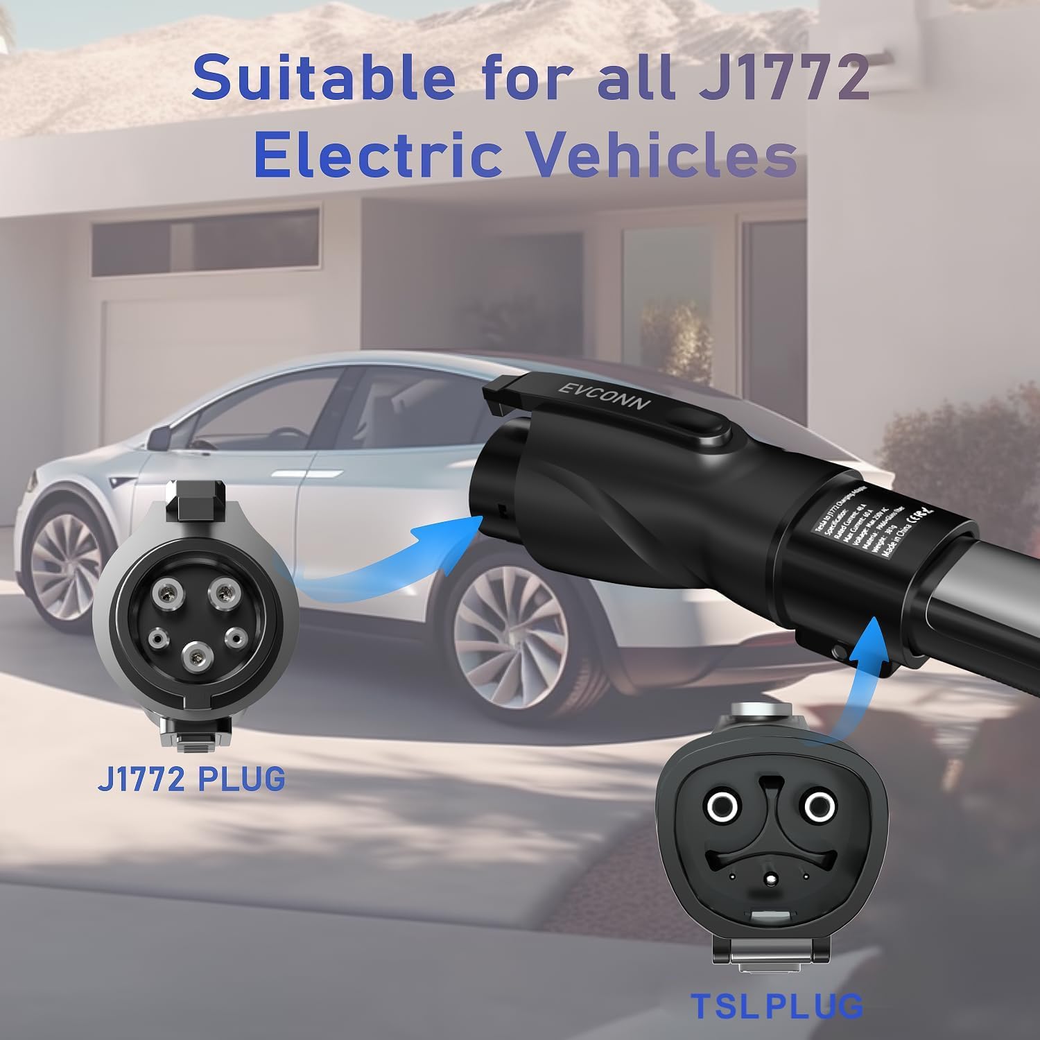 TSL to J1772 Adapter, PA66 & Glass Fiber Material, Max 60A & 250V - Compatible with High Powered Connectors, Destination Chargers, Mobile Connectors Black