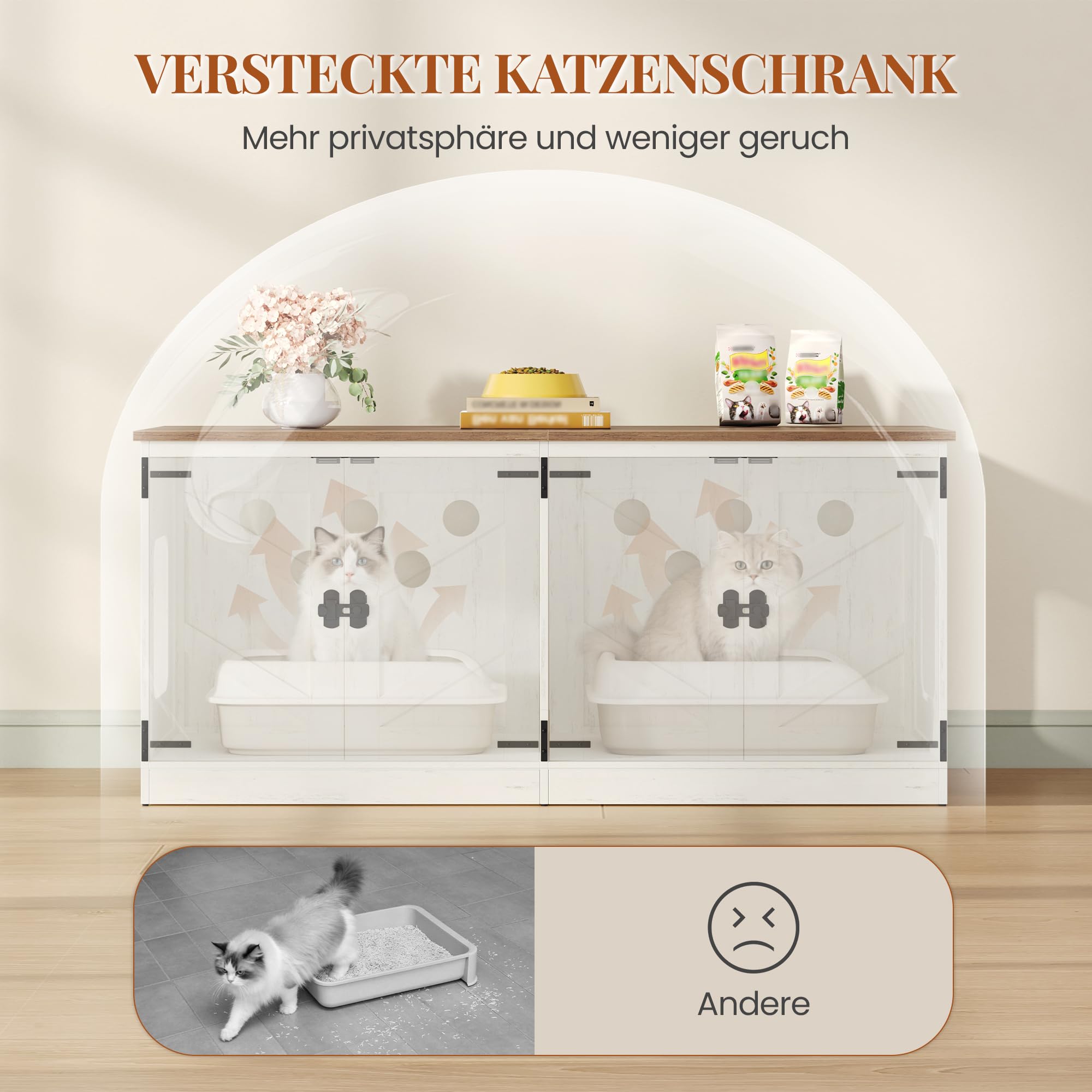 Hzuaneri Katzenschrank für 2 Katzen, 120 cm Katzenklo Schrank, Braun-Weiß | Katzentoilette Schrank Versteckt, Bauernhausstil, Katzenhaus für den Innenbereich Fernsehschrank, 120 x 50 x 54 cm, 840214X