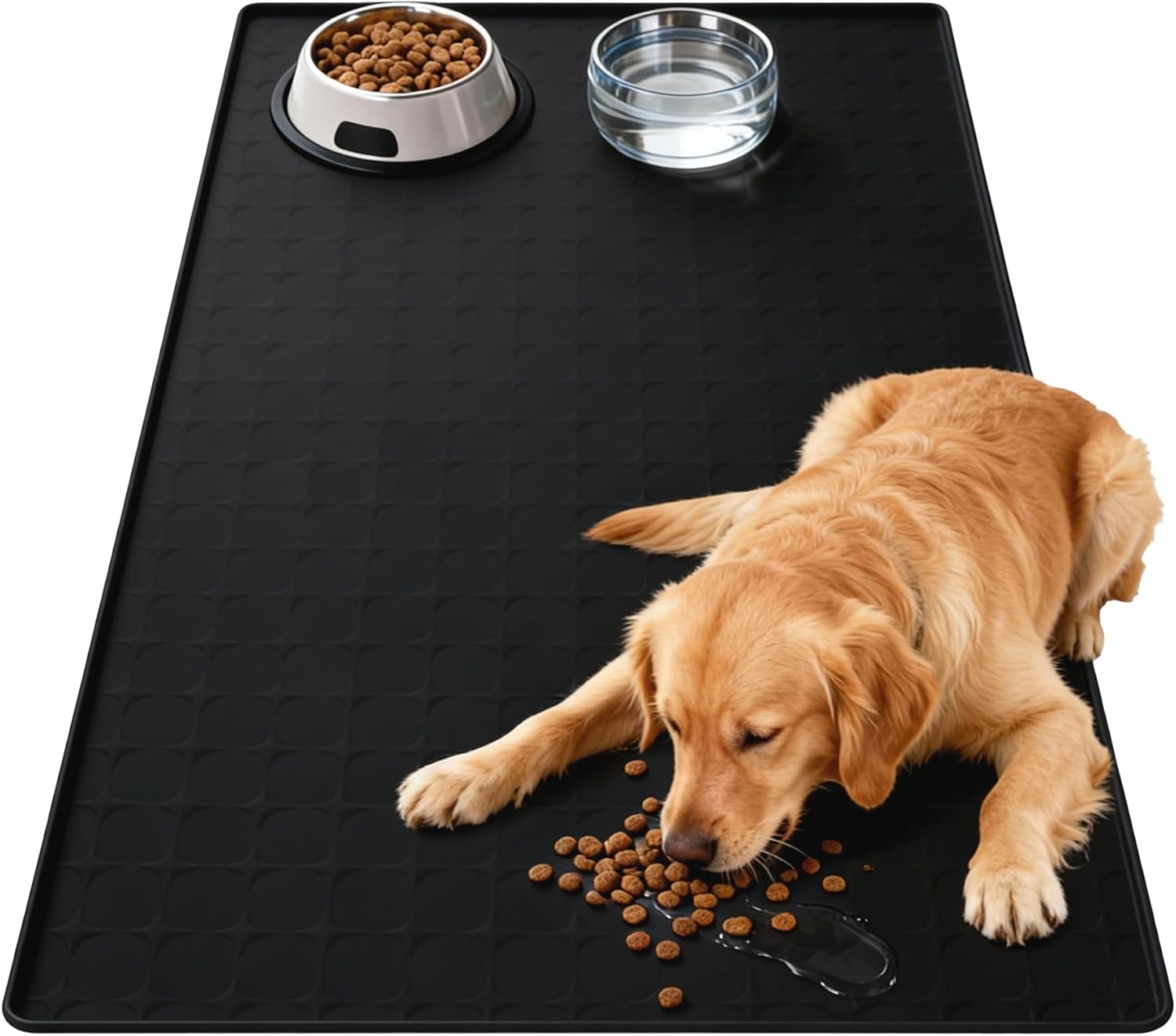 Extra Large 34x22 Inch Machine Washable Silicone Pet Food Mat - Waterproof Dog & Cat Bowl Mat with Raised Edge, Non-Slip Floor Protector for Large Dogs, Multi-Pet Homes (Grey)
