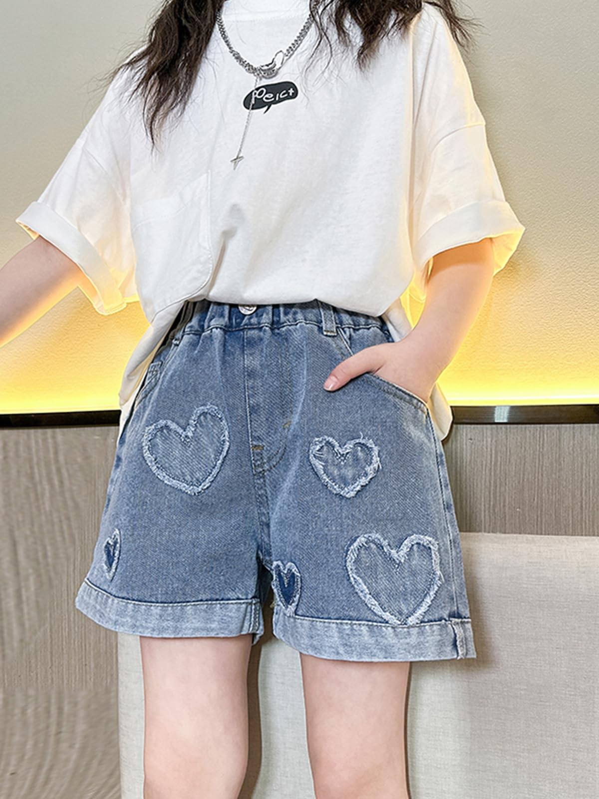 Rolanko Vaqueros Pantalones Cortos para Niñas, Cintura Elástica, Rasgados Jeans Cortos de Verano con Bolsillos para Niños