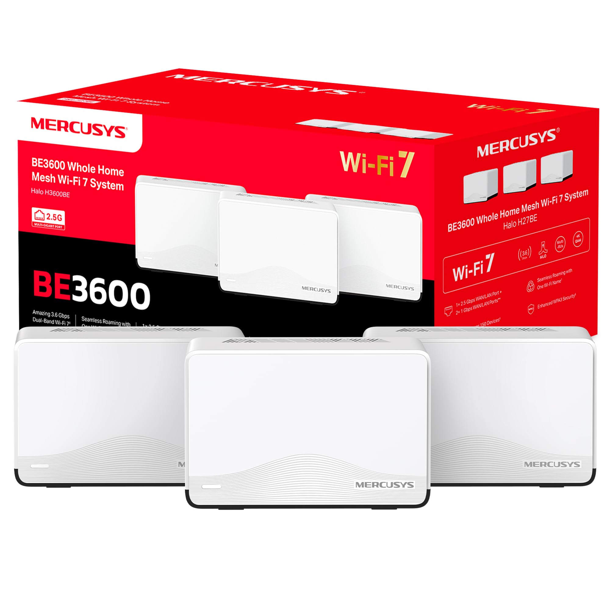 Mercusys,Halo H3600BE(3-Pack),Velocidad Ultra rápida de 3600 Mbps y Cobertura Total para un hogar Conectado. Ideal para Streaming 8K, Gaming sin Lag y múltiples Dispositivos
