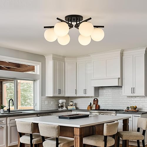 Miniatura 9 de Sputnik Lámpara de techo semiempotrada, 6 luces de globo Sputnik lámpara de techo, lámpara de globo de vidrio de leche para comedor, lámpara moderna