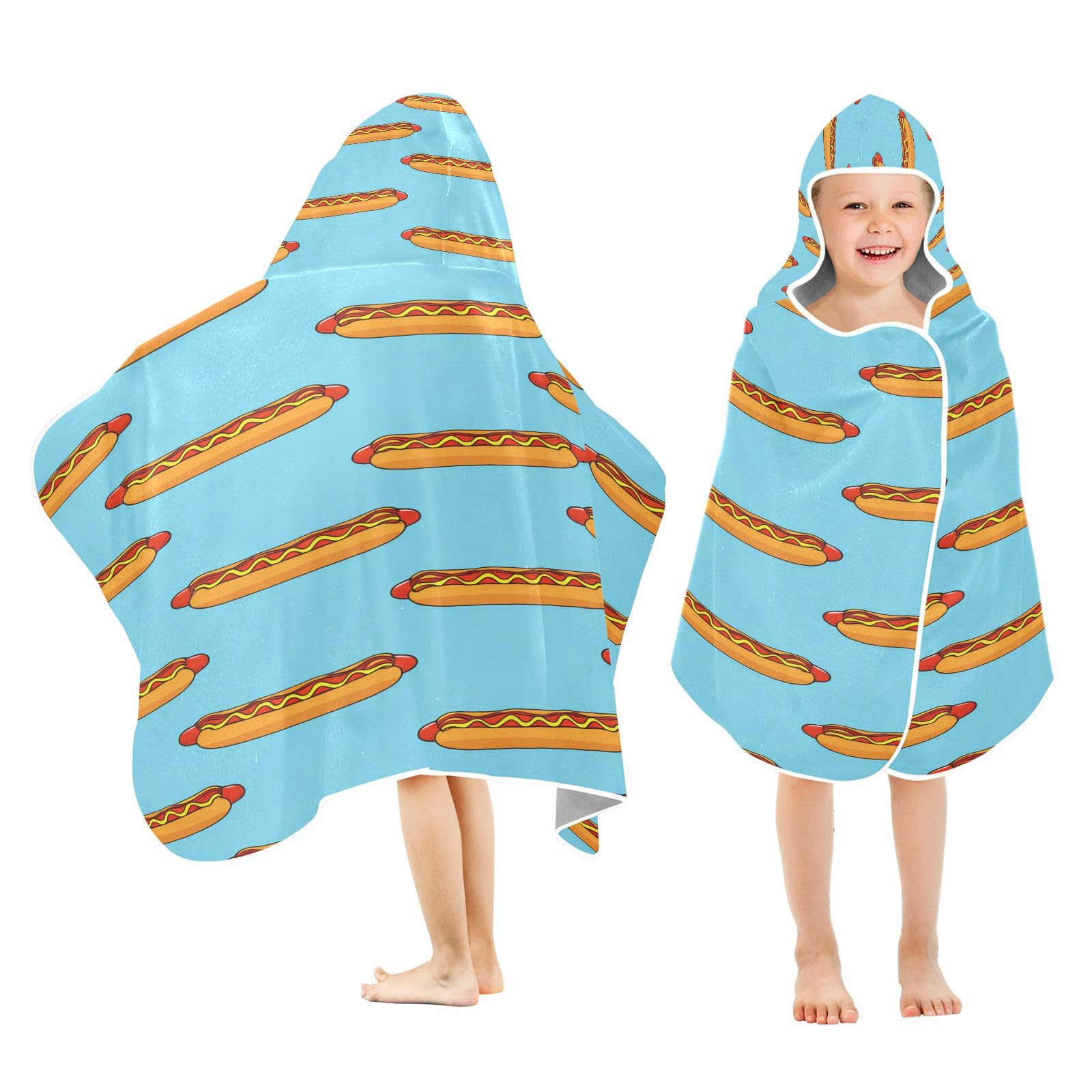 BOESI Doodle Hot Dog Sausage Kids Hooded Bath Towel, Pool Beach Towel, Kids Hooded Towel, Soft and Comfortable, Absorbent and Quick Drying