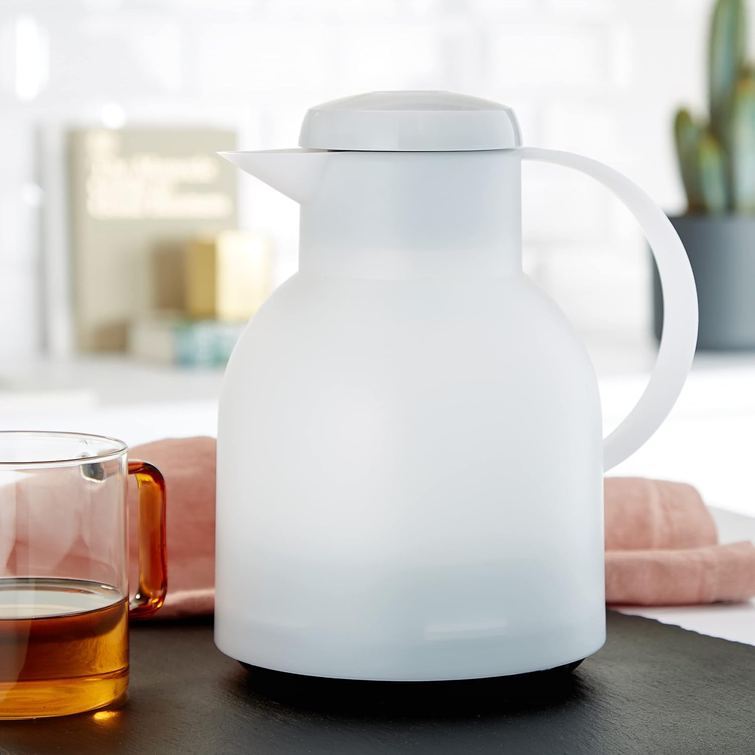 Emsa Samba, Quick Press, Vacuum Insulated Thermal Carafe, 34 oz, Translucent White
