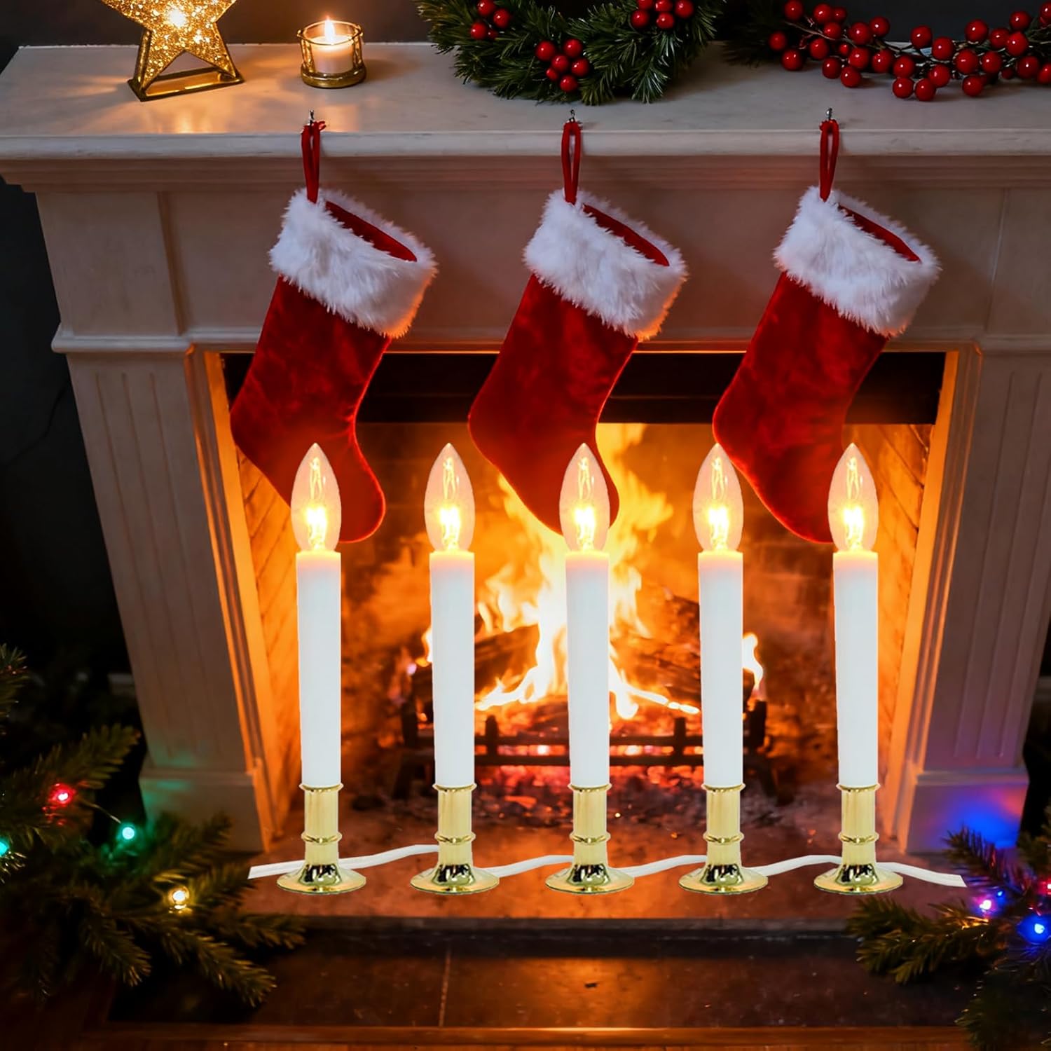 10 Pack Electric Window Candle Lights with Gold Base - Dusk to Dawn Sensor, Auto On/Off for Holiday Party Home Decor (Warm White)