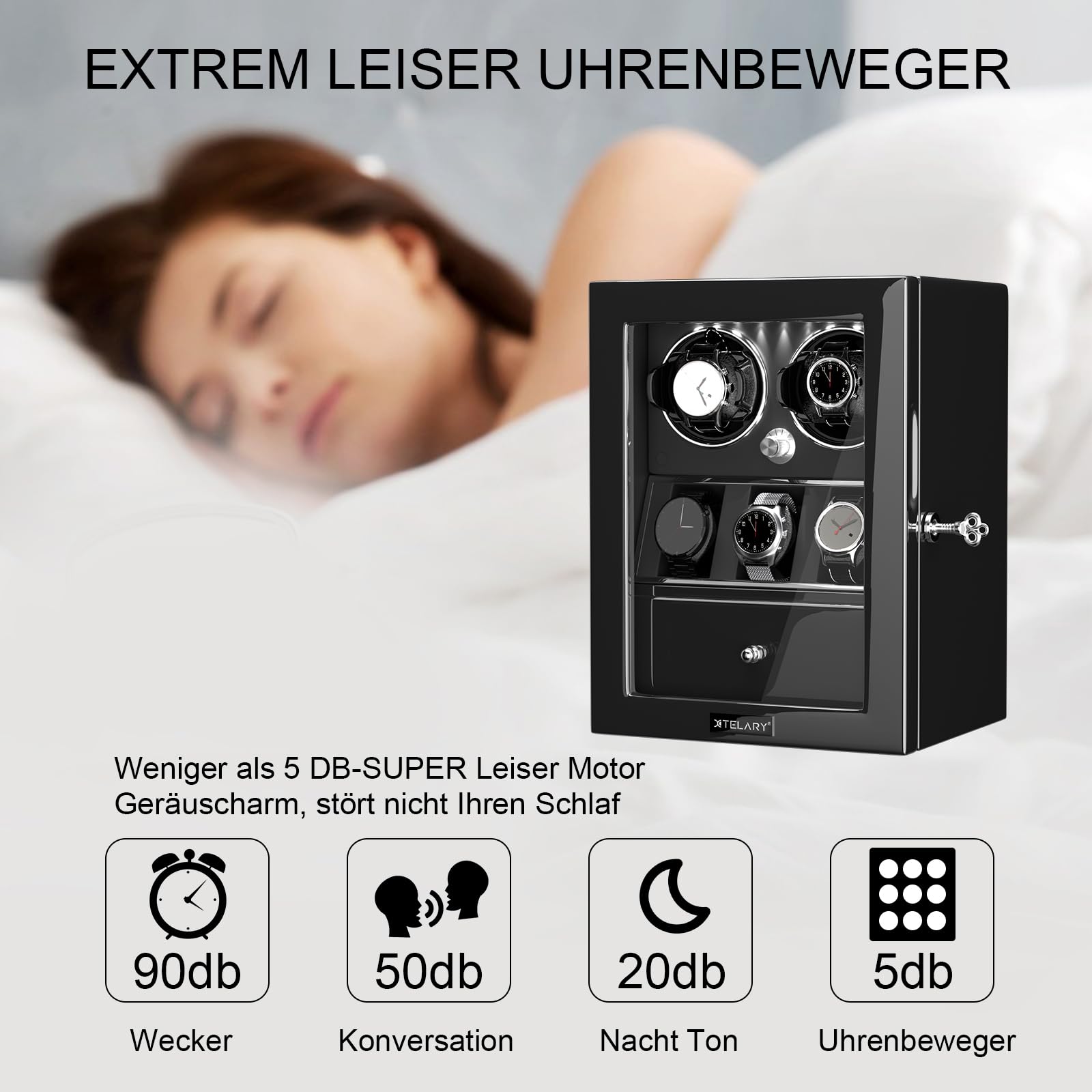 XTELARY Abschließbarer Uhrenbeweger für 2/4/6/8 mit 4 Rotationsmodi, Speicherplätzen,Aufbewahrungsschublade, Weißes LED-Licht Superleiser Motor und Federuhrkissen für Herren und Damen