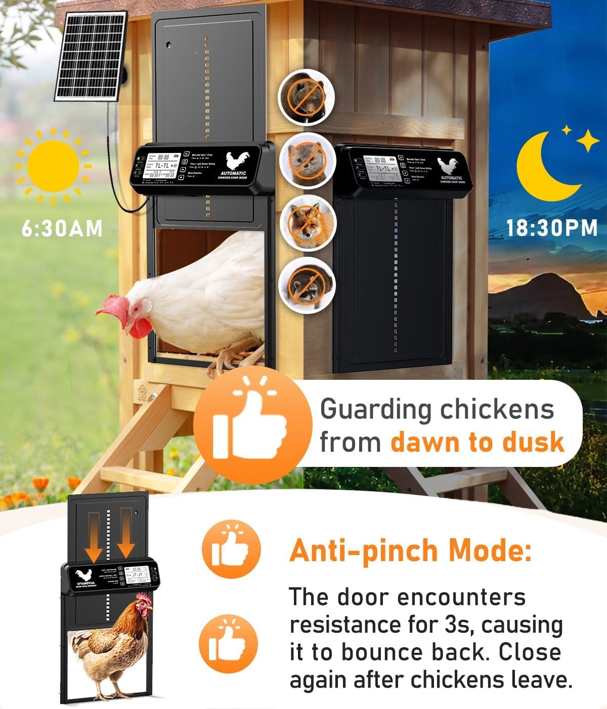 Automatic Chicken Coop Door Solar Powered with Timer/Light Sensor, Solar Chicken Coop Door Anti-Pinch, Aluminum Alloy Chicken Door | Larger Solar Panel | Higher Capacity Battery | 20M Remote Control