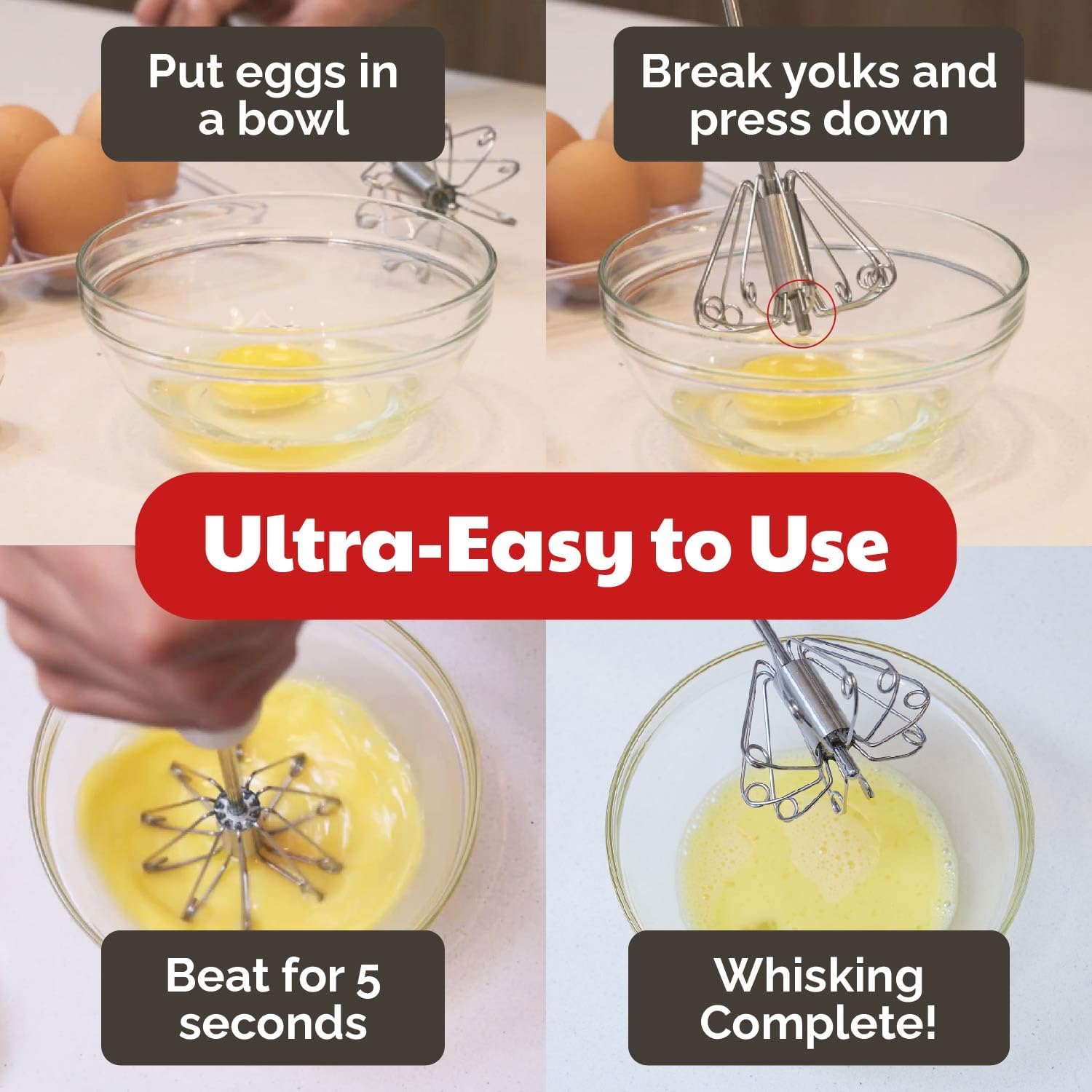 Batidor de huevos giratorio de acero inoxidable, 2 unidades, 12 y 14 pulgadas | Semiautomático | Leche espumosa | Mezcla | Mezcla