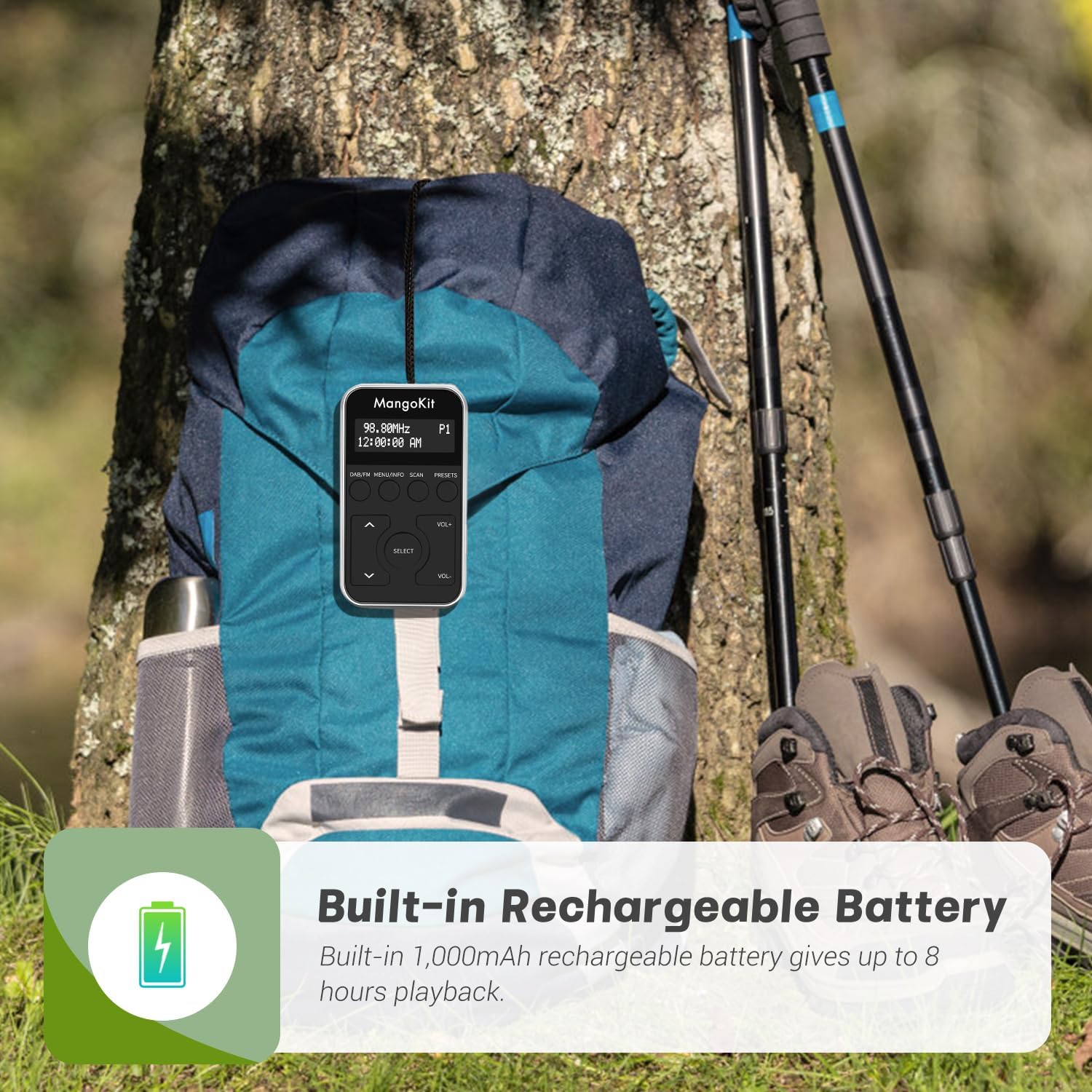 MangoKit MP1S Radio on a backpack, symbolizing portability and battery life