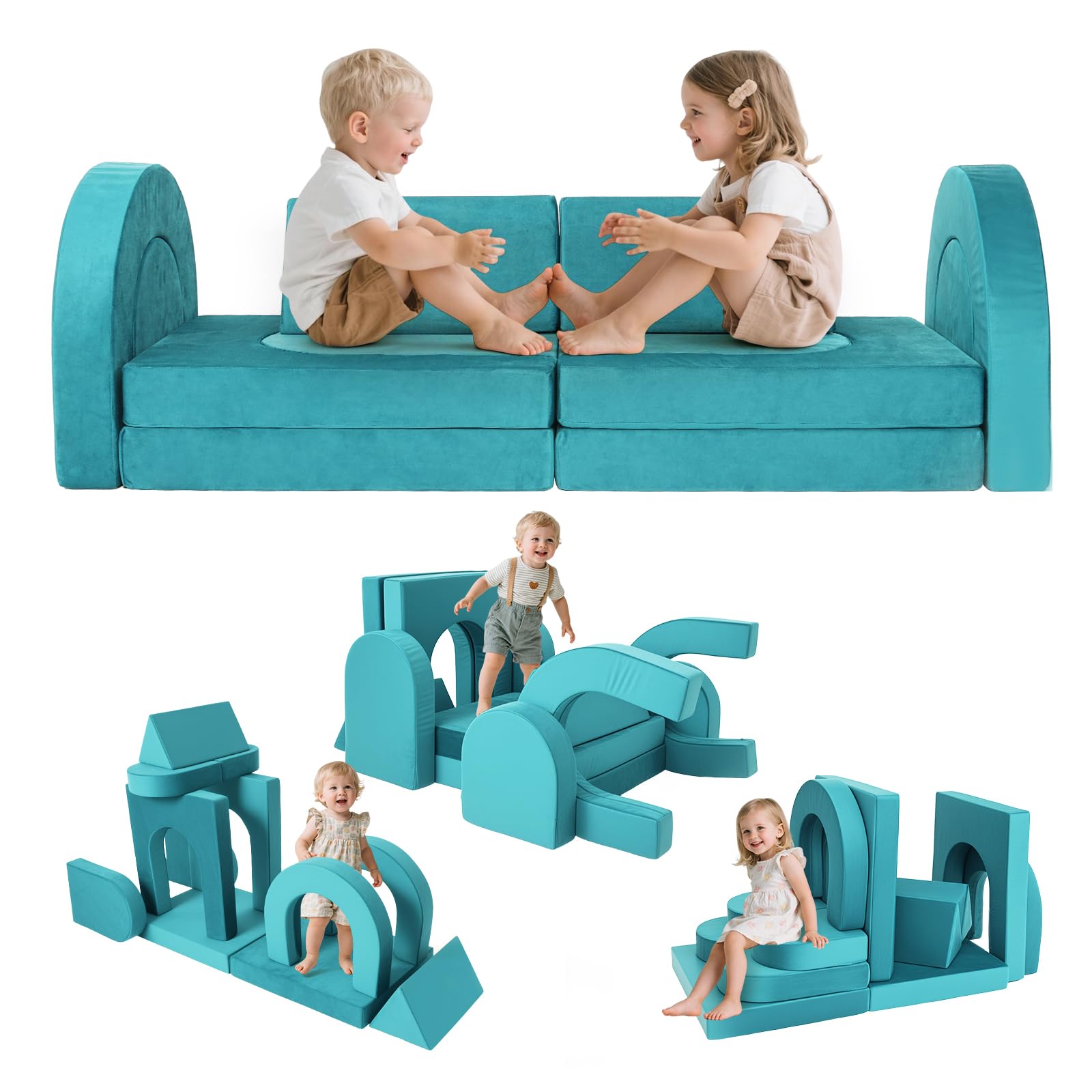 Kids Modular Play Sofa Convertible Foam Play Mat, Transformable Into a Game Rock Box, Enhances Children's Creativity, Perfect for DIY Creative Games for Boys and Girls (Cyan)