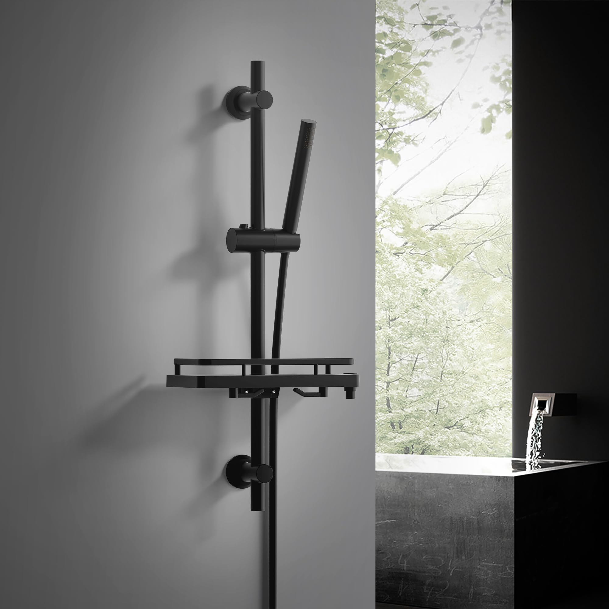 JOHO Barra de ducha de acero inoxidable de 70 cm con estante de ducha, juego de barra de ducha con soporte para cabezal de ducha y juego de ducha de mano con ducha de latón, alcachofa de ducha con
