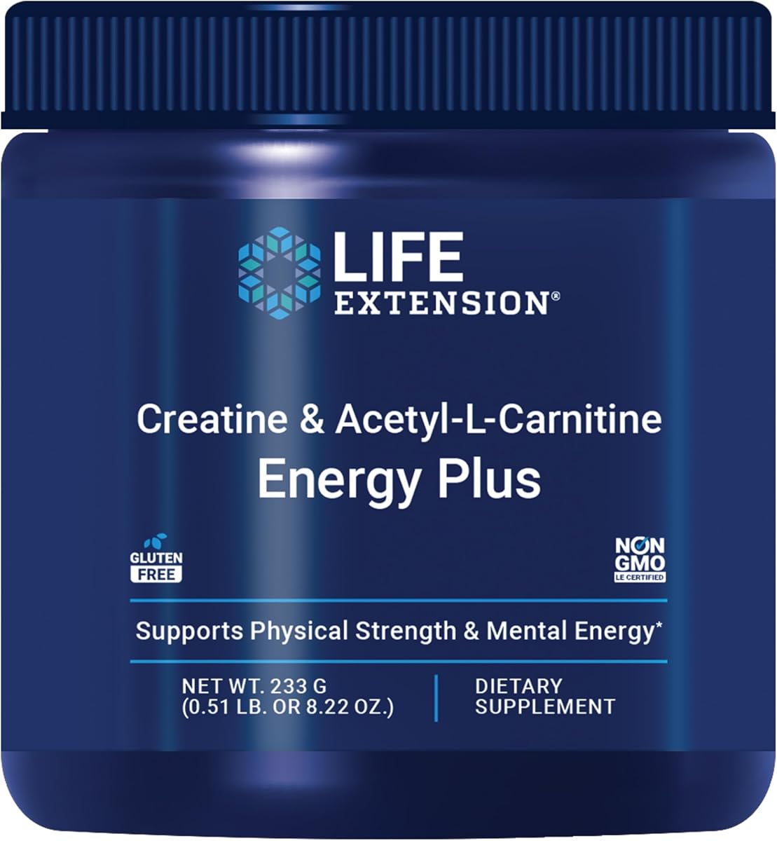 Prolongación de la vida Creatina Acetil-L-Carnitina Energy Plus, Suplemento de soporte energético, monohidrato de creatina, Acetil-L-carnitina, Sin gluten, Sin OGM, Vegetariano, 30 porciones