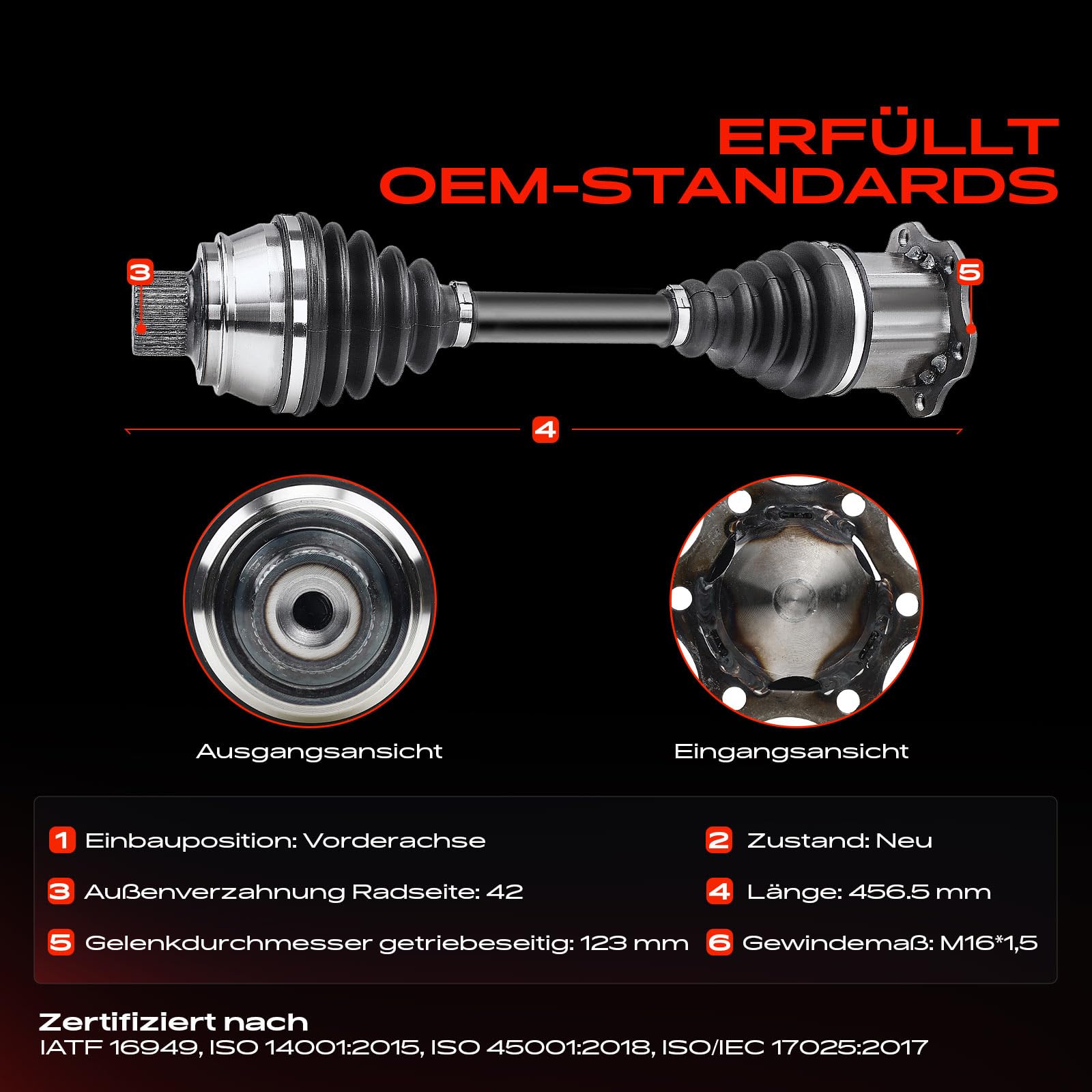 Frankberg 2x Antriebswelle Achswelle ohne ABS Ring Vorderachse Kompatibel mit A4 8K2 A4 Allroad 8KH A4 Avant 8K5 A5 8T3 A5 Cabriolet 8F7 A5 Sportback 8TA Replace# 8K0407451DX