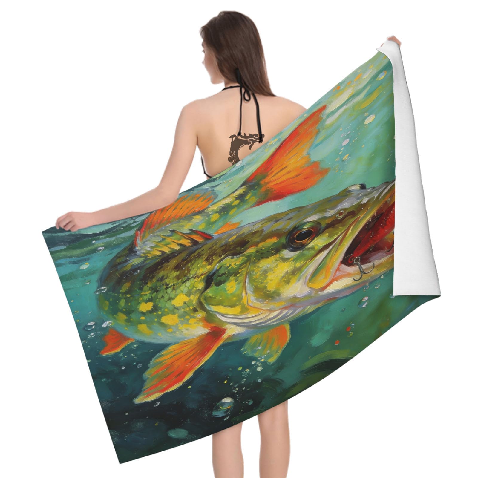 Leichong 3D Sea Bass Beach Towel Large Microfiber Soft Quick Dry for Adults, Fishing Lure Bath Towel Lightweight Soft Absorbent for Travel Swimming Pool Sports, 180 x 90 cm