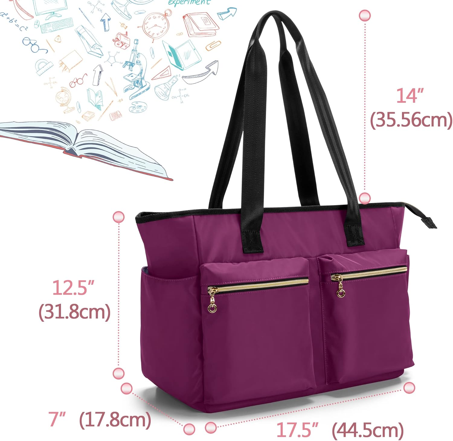 Damero Teacher Tote Bag, Teacher Utility Tote Bag with Zip Top and Padded Sleeve for up to 15.6’’ Laptop for Work, Office, Business, Purple(Upgraded)