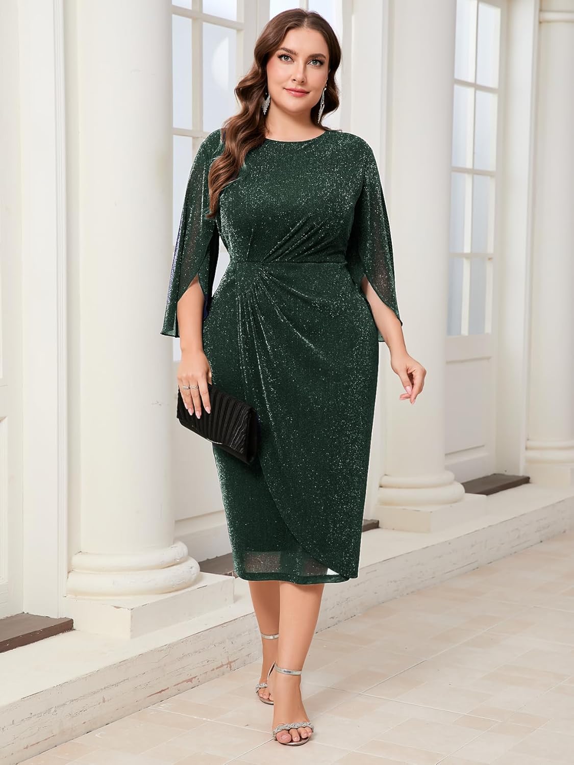 ZOMVA Womens Plus Size Mesh Cocktail Dress Petal 3/4 Sleeve Round Neck Wedding Guest Party Midi Dresses