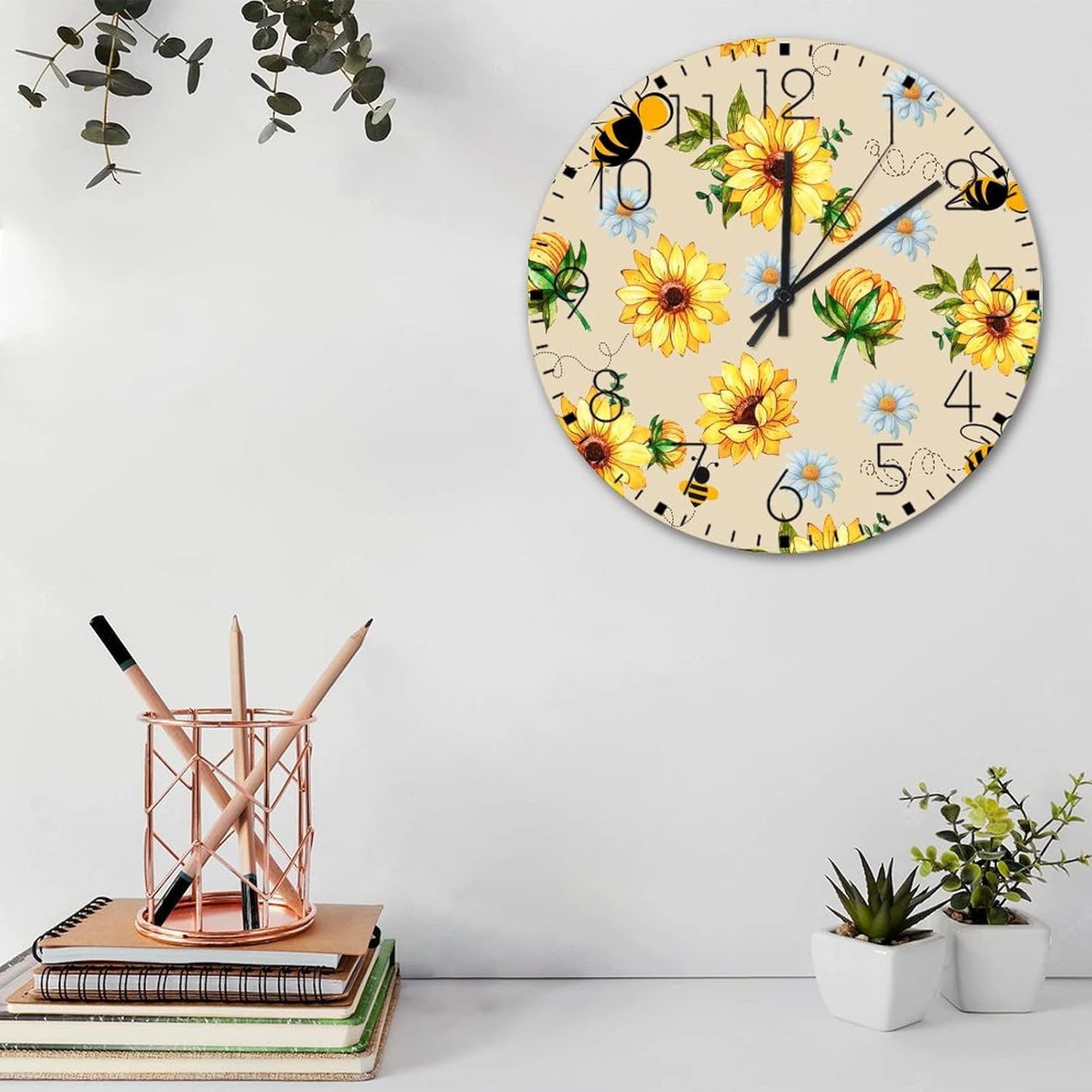 15 Inch Minimalist Wood Clock Sunflower and Bee Print Fireplace Decor for Kids Room Decorative Flowers Humble Bee Wall Clocks Round Wooden Wall Clock Vintage for Auto Shop Study Room