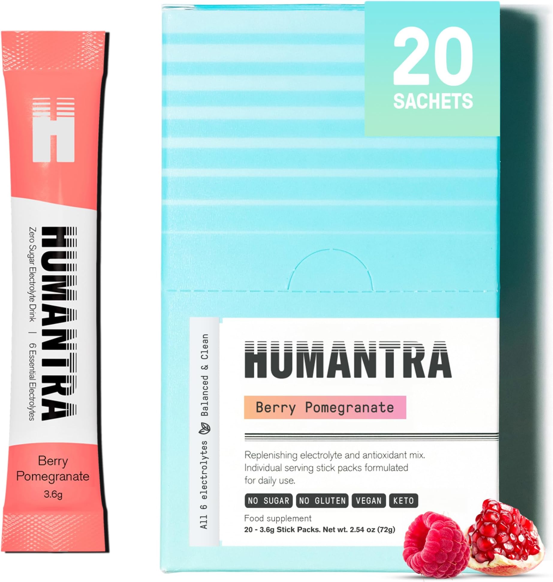 Electrolytes Powder - Berry Pomegranate Flavor, 20ct - Powdered Hydration Sachets - Plant-Based Electrolyte Powder with 6 Electrolytes - Vegan, Sugar Free, Gluten Free