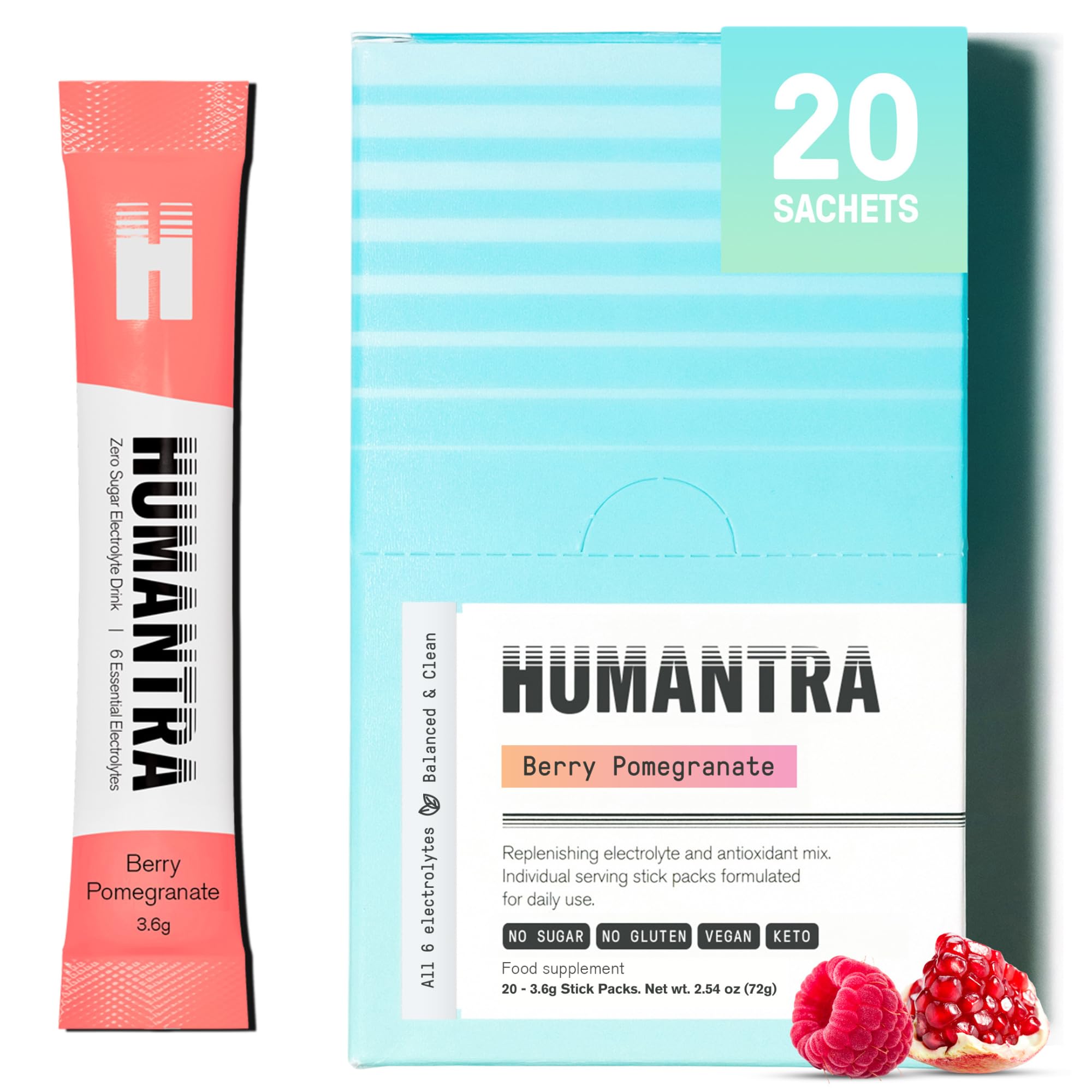 Humantra Hydration Packets | Zero Sugar Electrolyte Hydration Multiplier w/Essential Minerals, Boost Immune & Metabolic Functions | Electrolytes Powder (20 count, Berry Pomegranate)