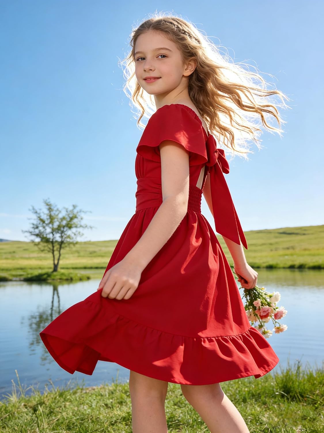 Magic Park Girls Off Shoulder Square Neck Flutter Sleeve Tie-Back A-Line Summer Casual Dress
