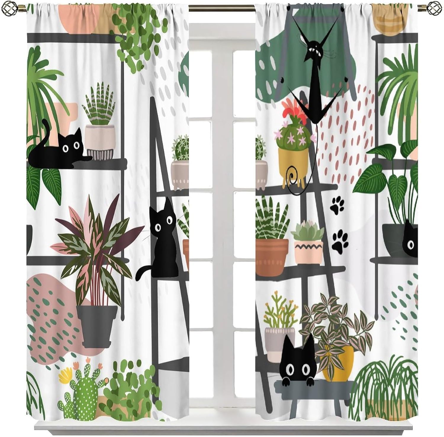 Potted Plant Curtains Greenhouse Tropical Plant Leaves Fleshy Naughty Black Cat Boho Flowers Cactus Garden Pattern Printed Curtains Bedroom Living Room Decoration Blackout Curtains W72 * L63inch