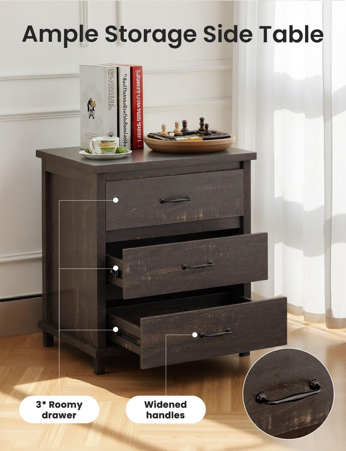 Amazon.com: Black Nightstand Set of 2, High Dresser for Bedroom with 3  Drawers, Bedside Table Night Stand End Table with Natural Unique Wood  Grains for Bedroom, Closet, Entryway, Small Space : Home